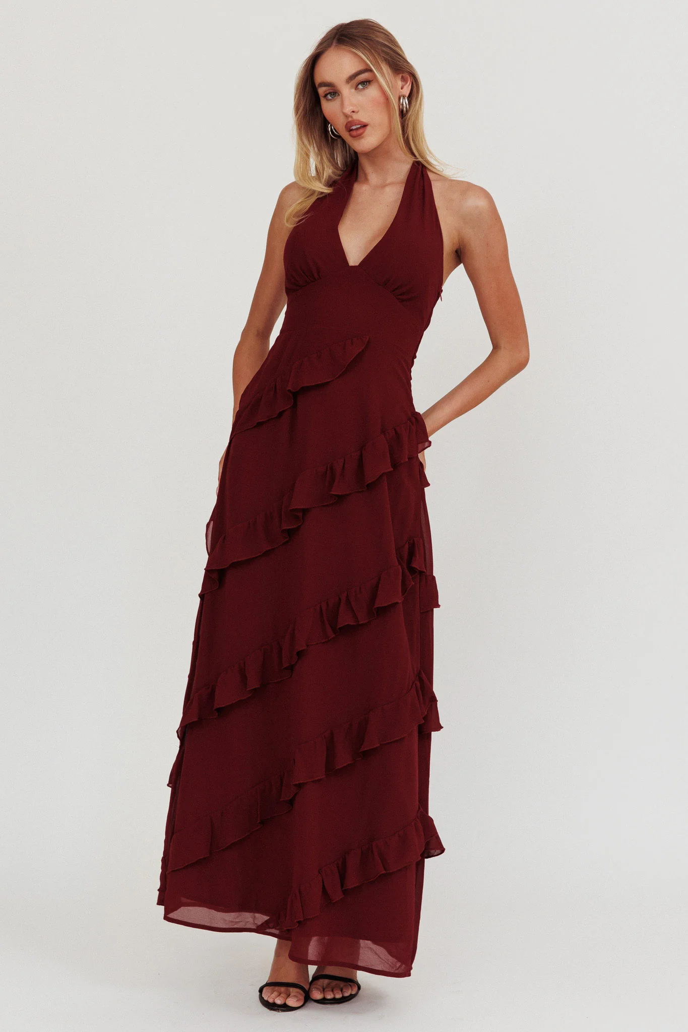 Flirt Frill Trim Halter Maxi Dress Wine - Sonourner