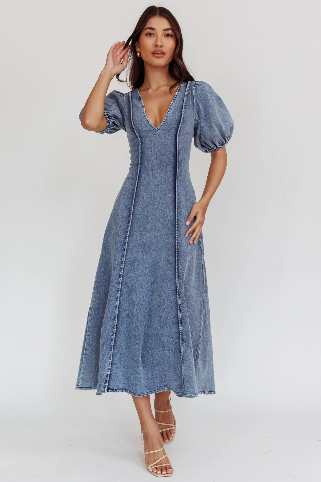 Morgane Puff Sleeve V-Neck Midi Dress Light Denim Blue - Sonourner