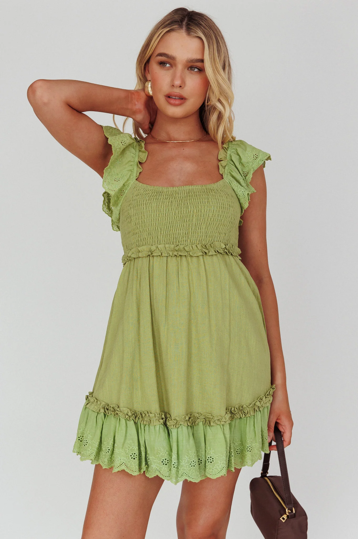 Bay Breeze Frill Shoulder Shirred Bodice Dress Olive - Sonourner
