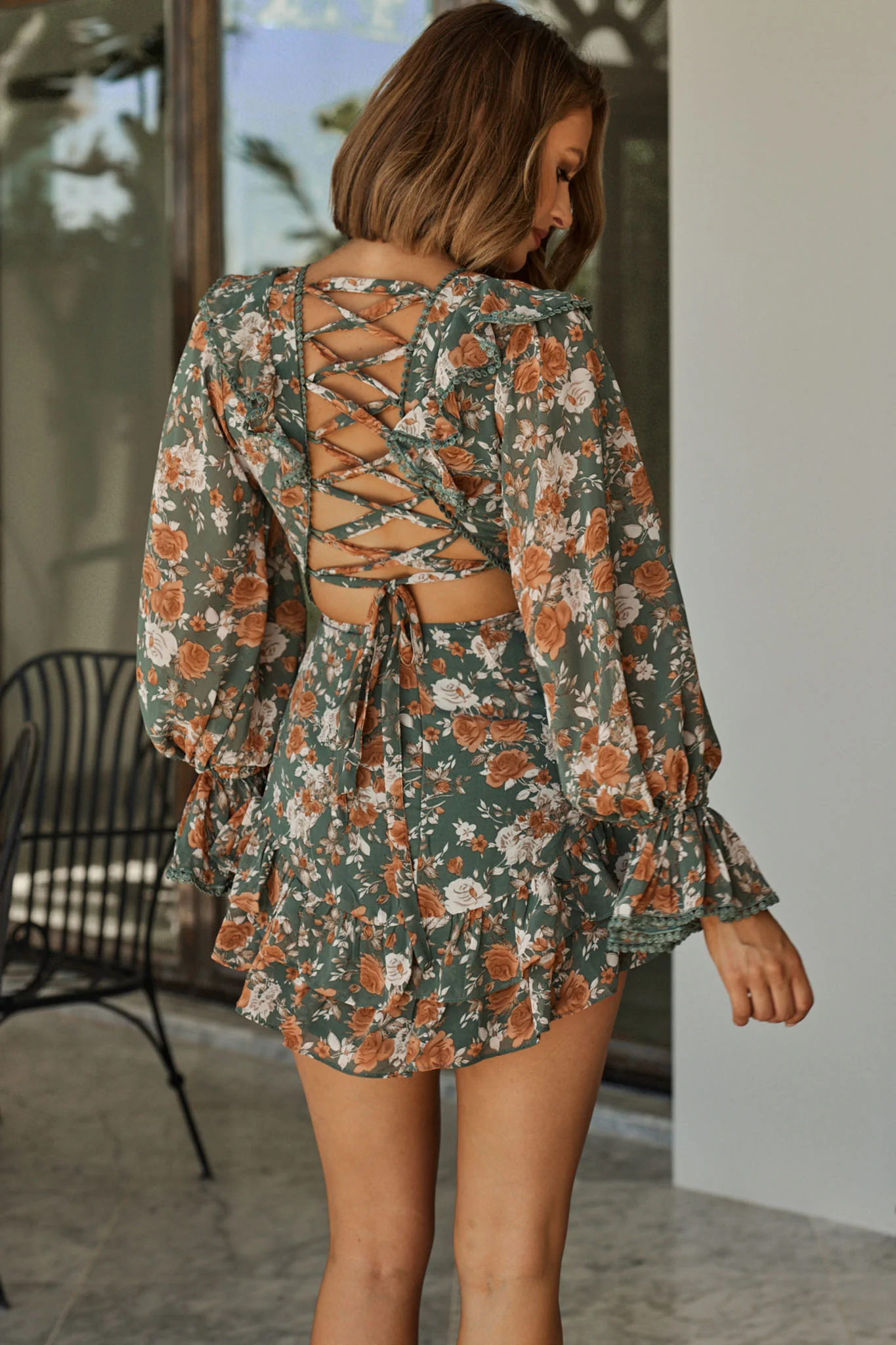 Charade Long Sleeve Corset Back Dress Floral Print Mint - Sonourner