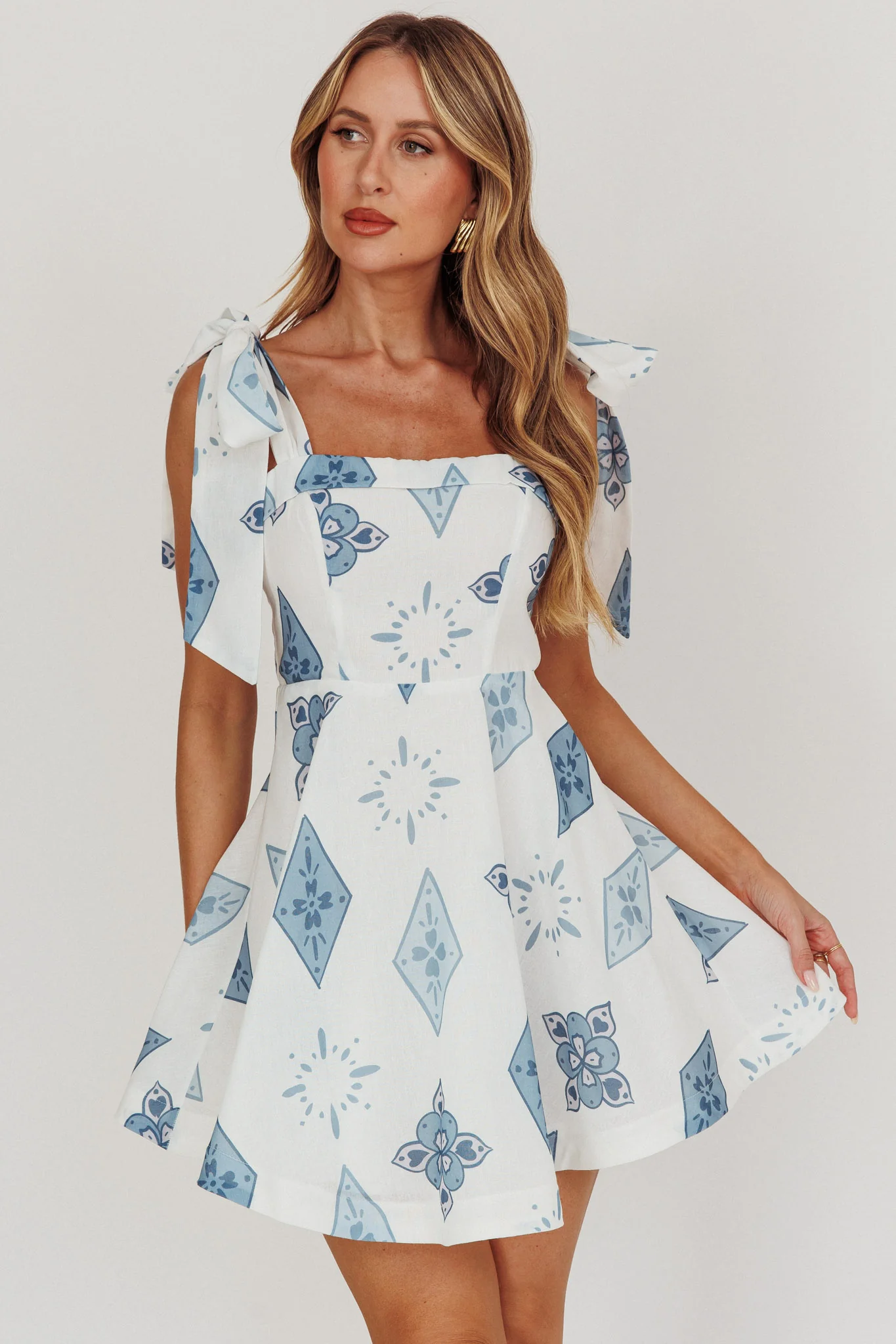 Jeanie Tied Shoulder Mini Dress Blue - Sonourner