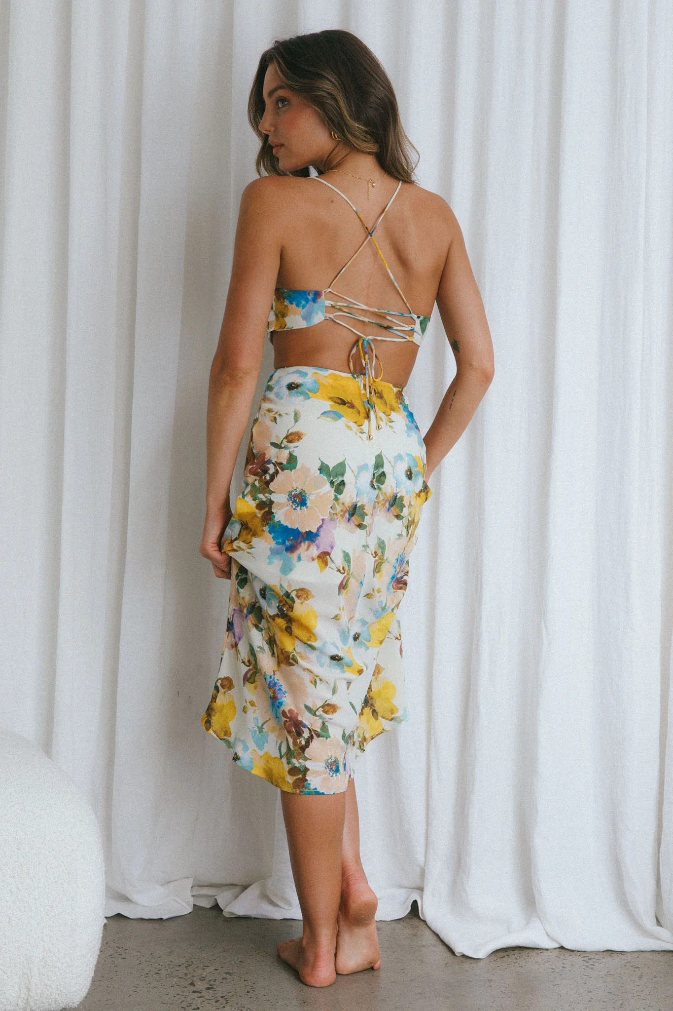 Sunday Bliss Tie-Up Back Cowl Neck Midi Dress Floral Yellow - Sonourner