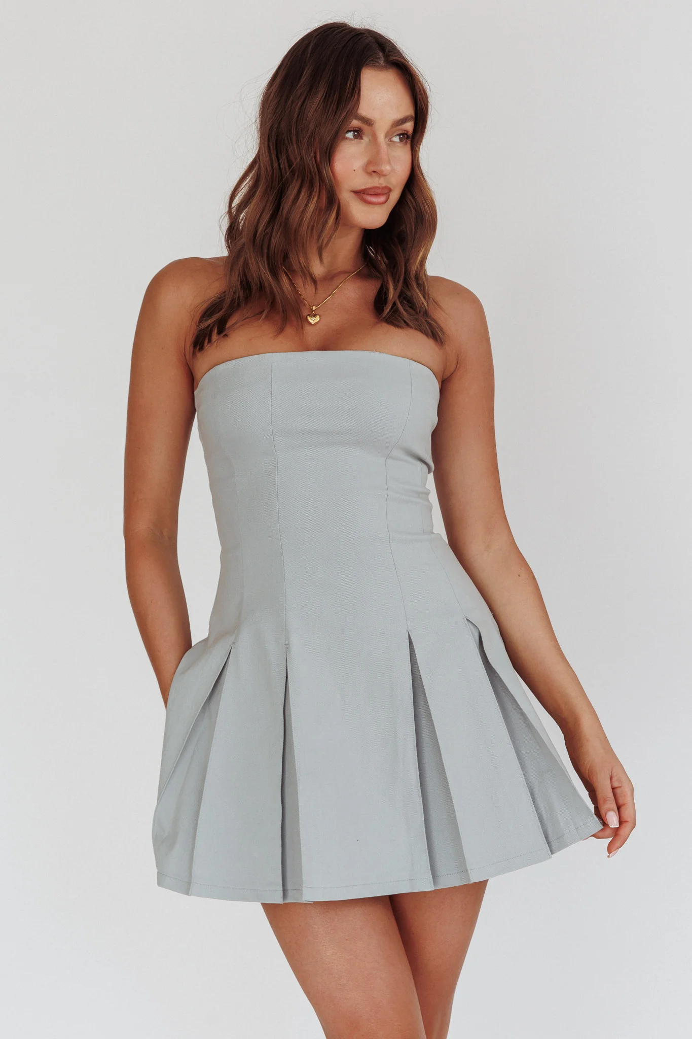 Jeziah Strapless Box Pleat Mini Dress Light Denim - Sonourner