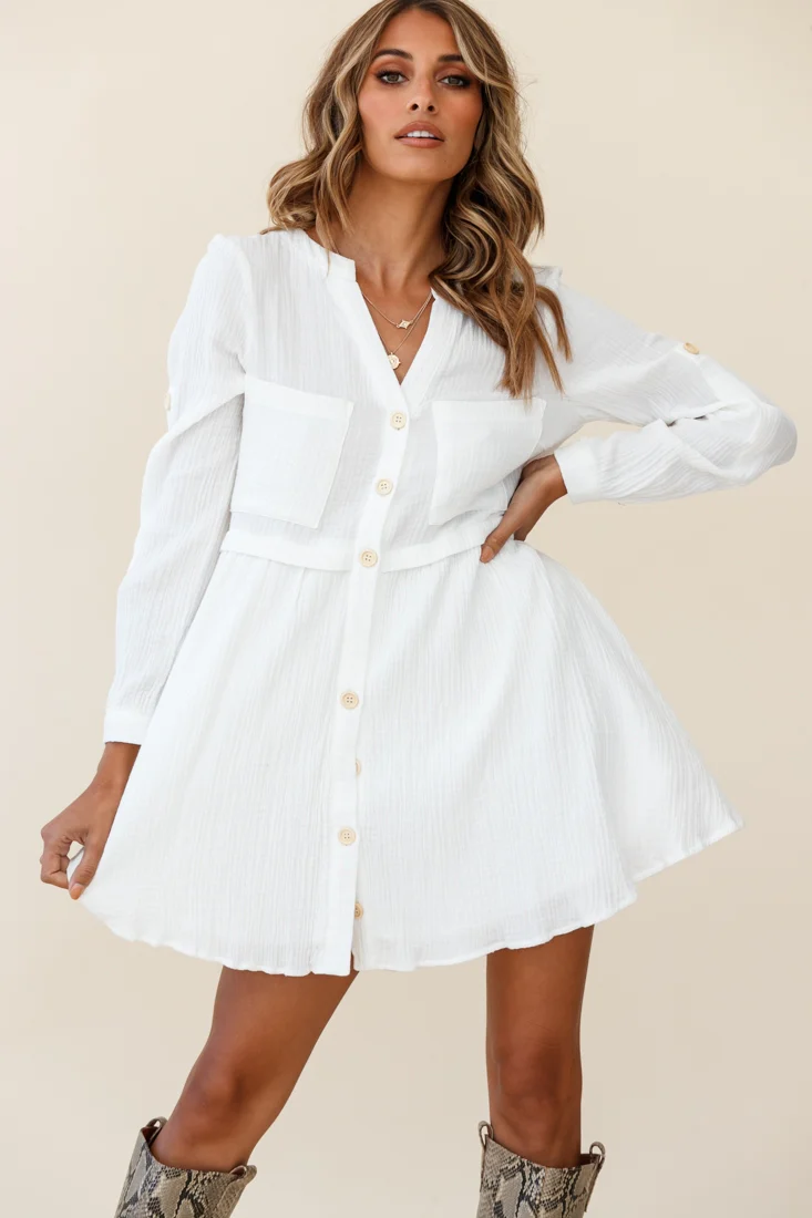 Holly Long Sleeve Double Pocket Shirt Dress White - Sonourner