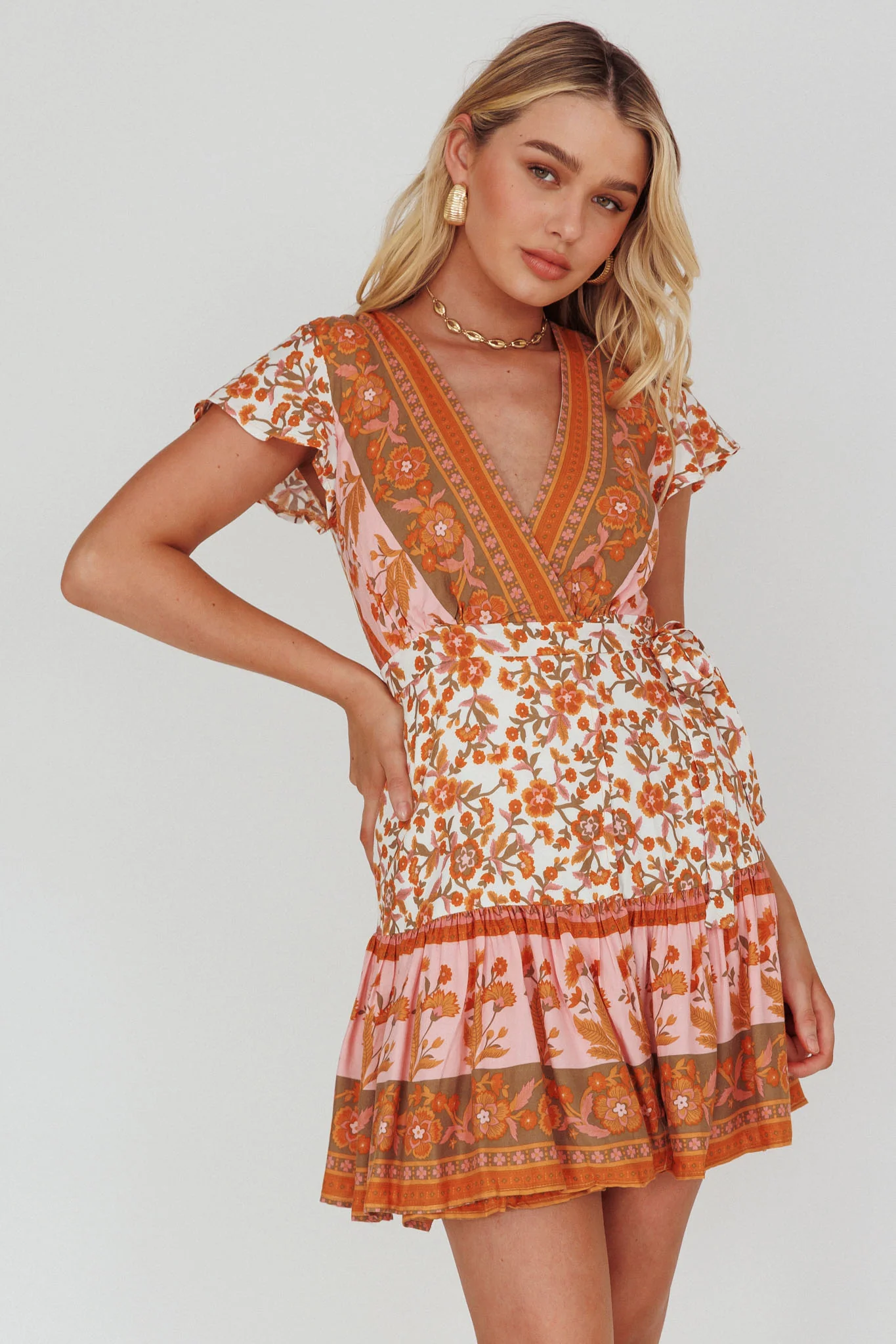 Mayan Angel Sleeve Waist Tie Wrap Dress Floral White/Pink - Sonourner