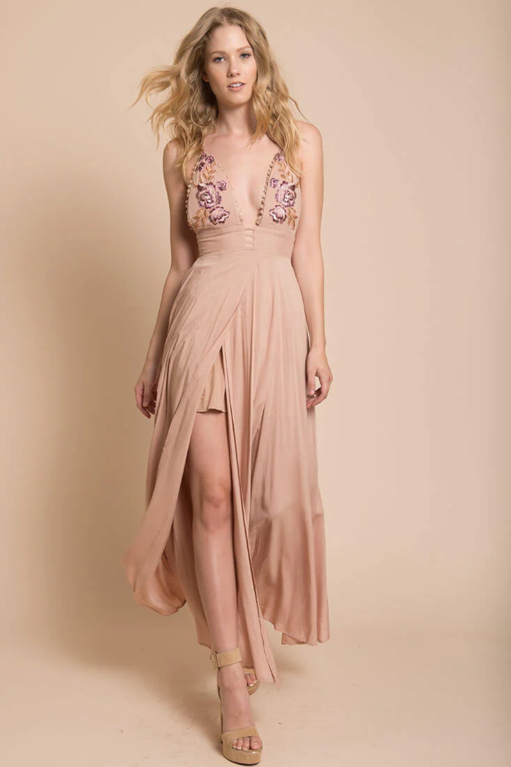 Summer Wedding Embroidered Floral Maxi Dress Mocha - Sonourner