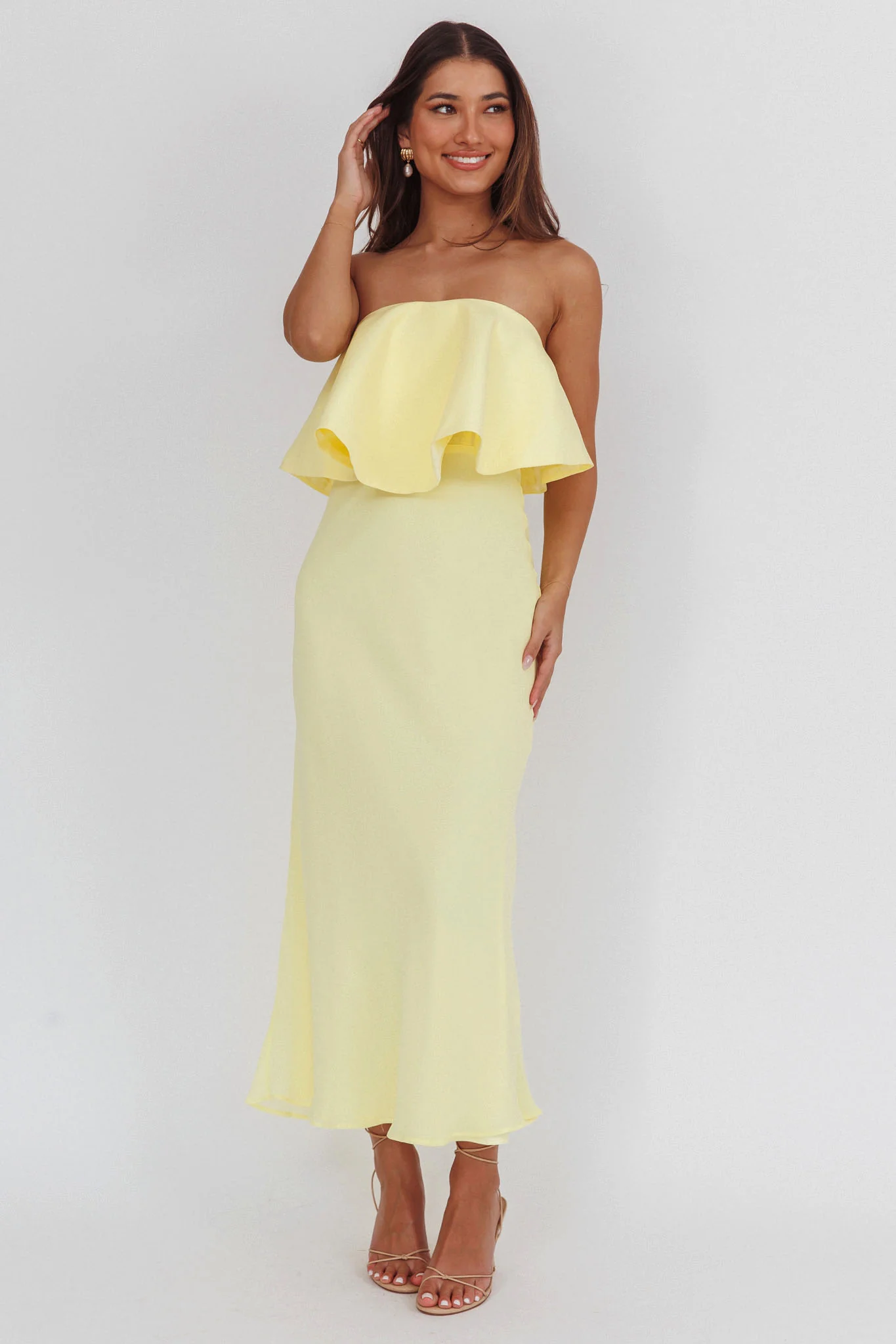 Nerina Strapless Ruffle Neckline Maxi Dress Panna Cotta - Sonourner