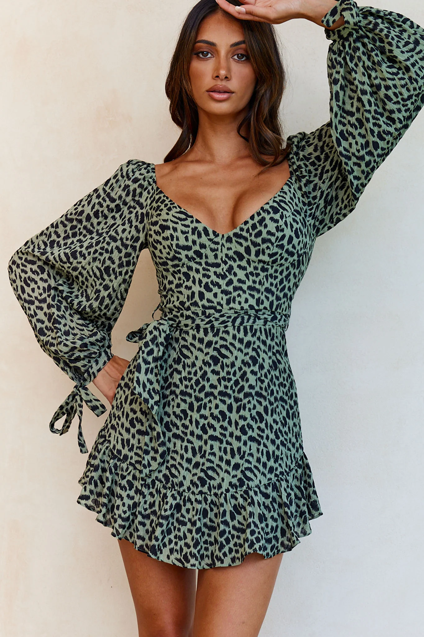 Make Memories Balloon Sleeve Molded Bust Dress Animal Print Olive - Sonourner