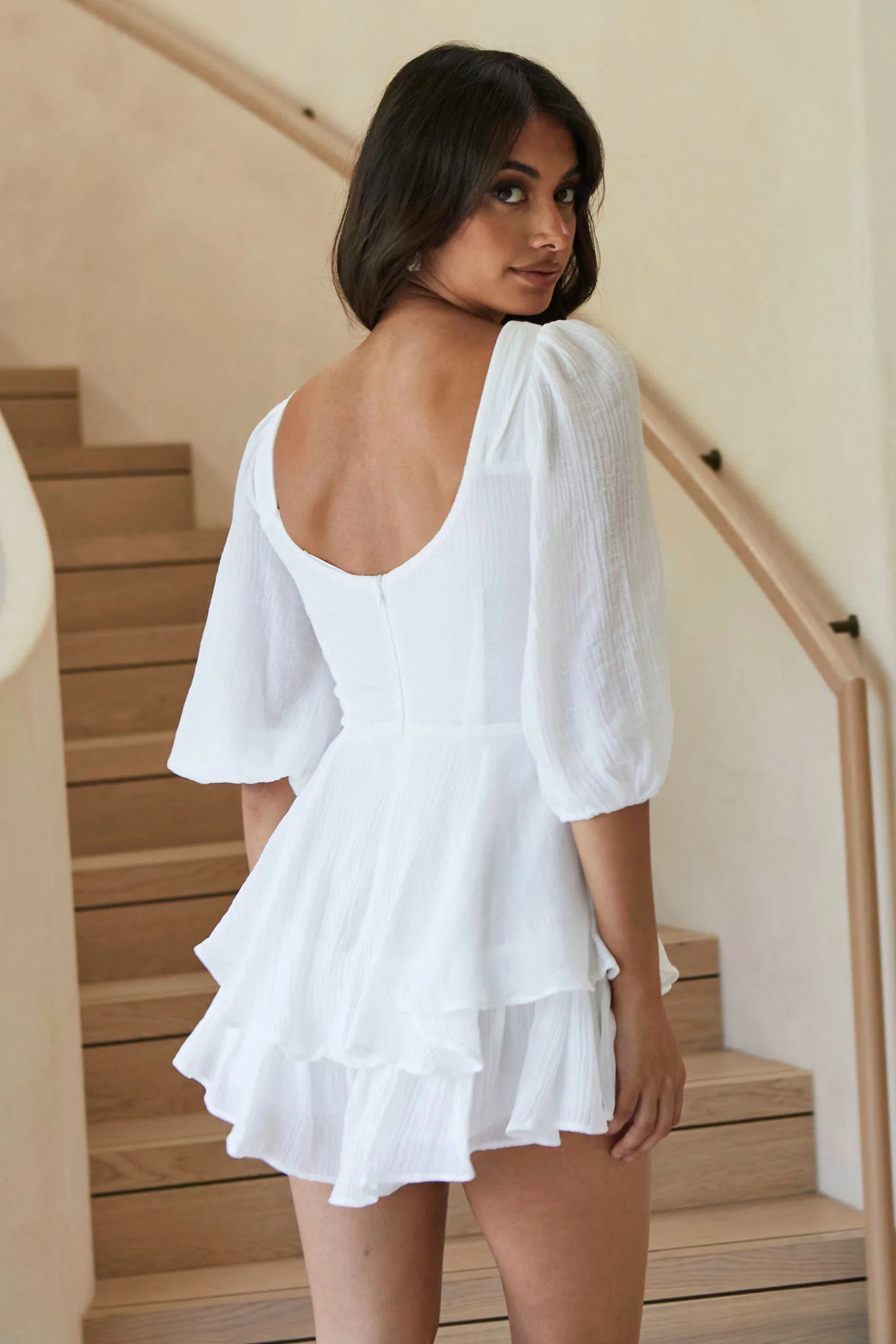 Picture This Three Quarter Sleeve Cut-Out Bust Romper White - Sonourner