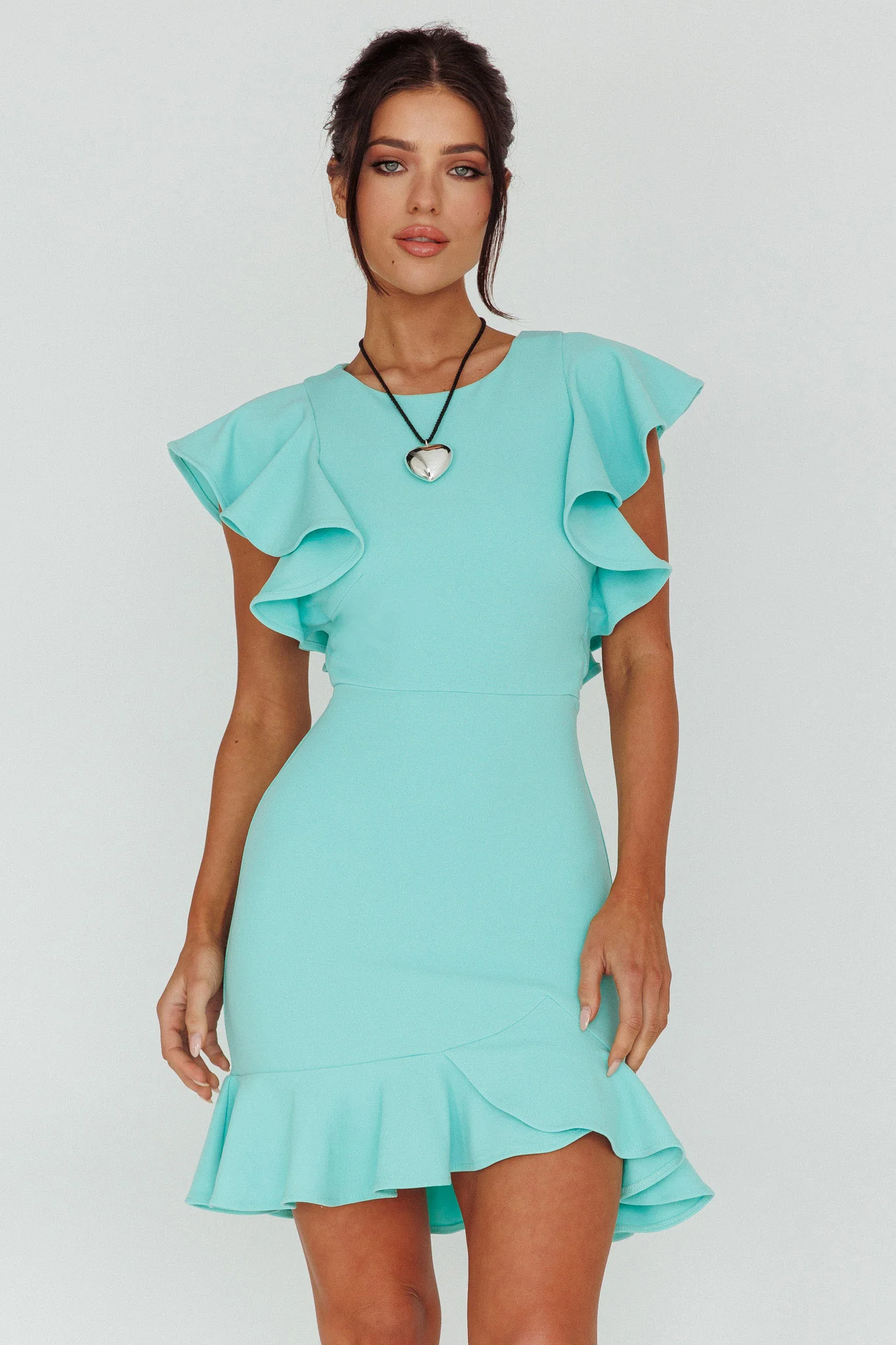 Cupid's Bow Ruffle Shoulder Bodycon Dress Teal - Sonourner