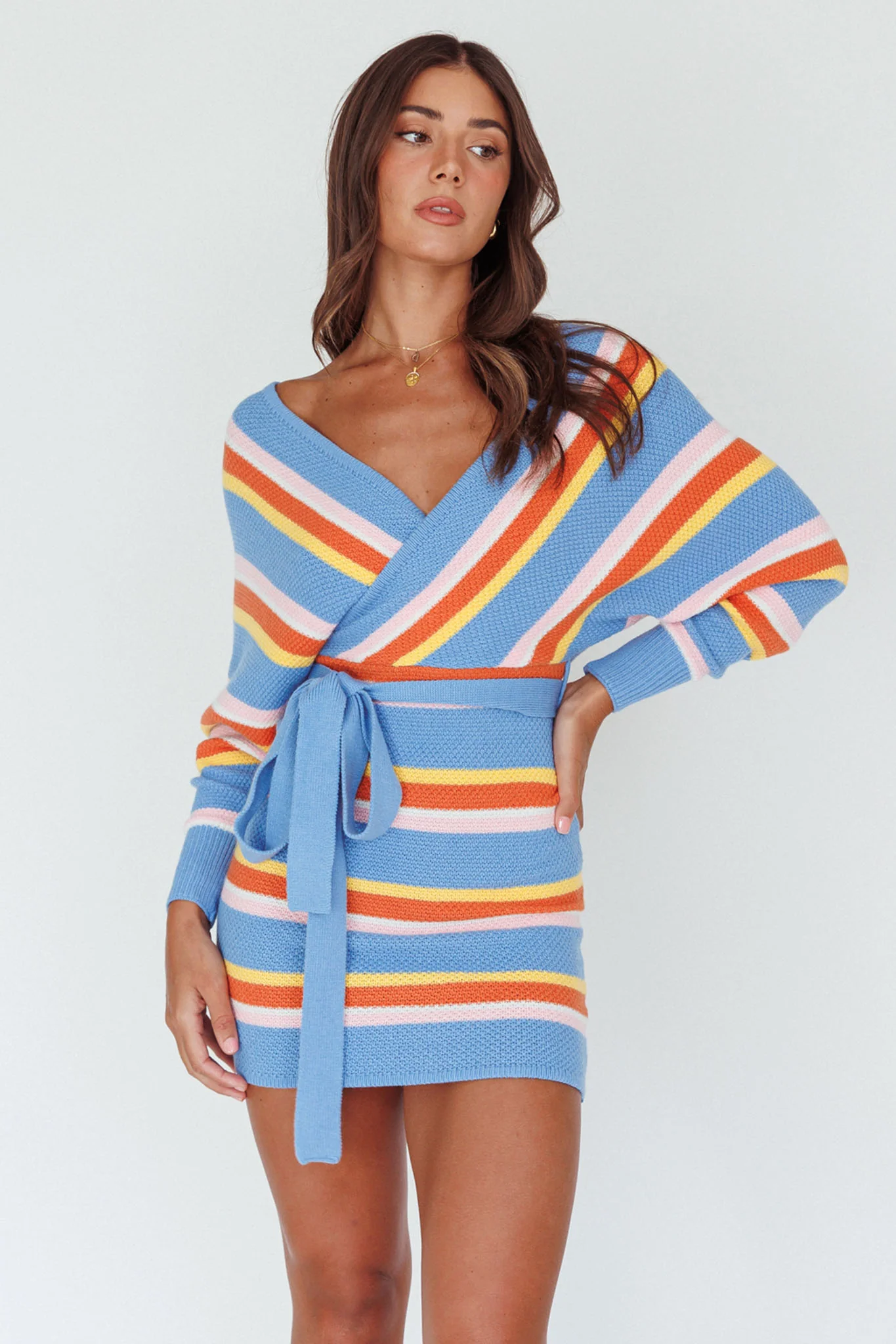 Cameo Batwing Knit Dress Striped Blue - Sonourner