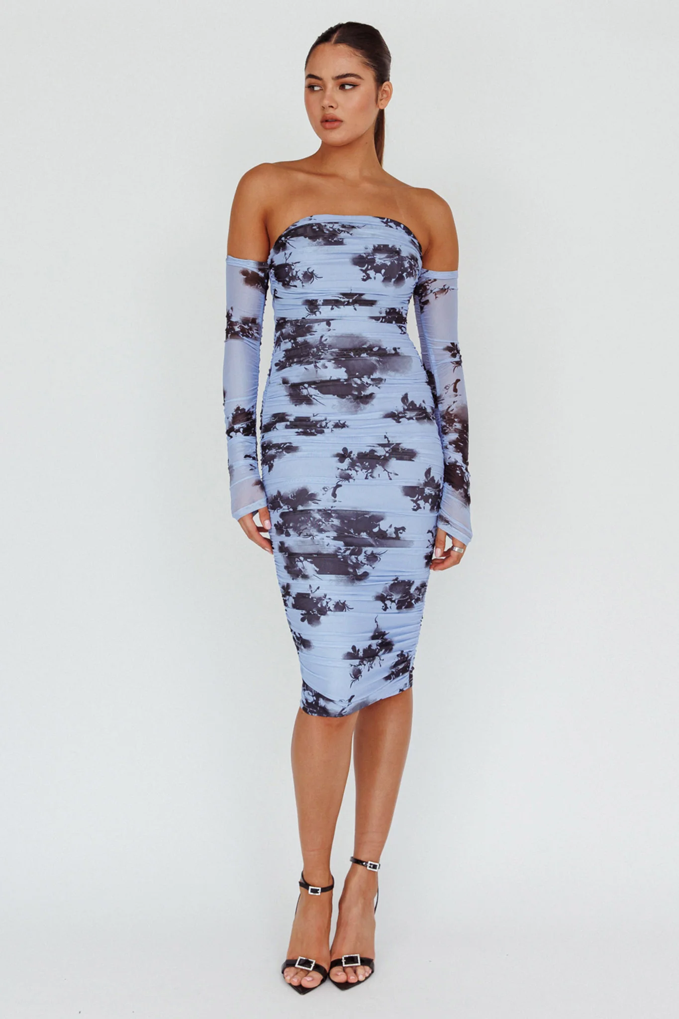 Cece Off-Shoulder Midi Dress Floral Blue - Sonourner