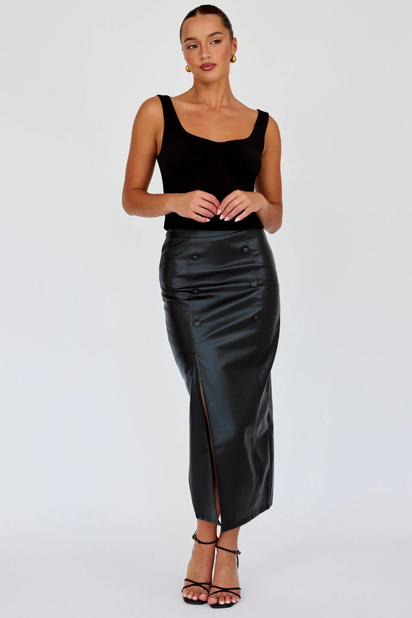 Kane Faux Leather Midi Skirt Black - Sonourner