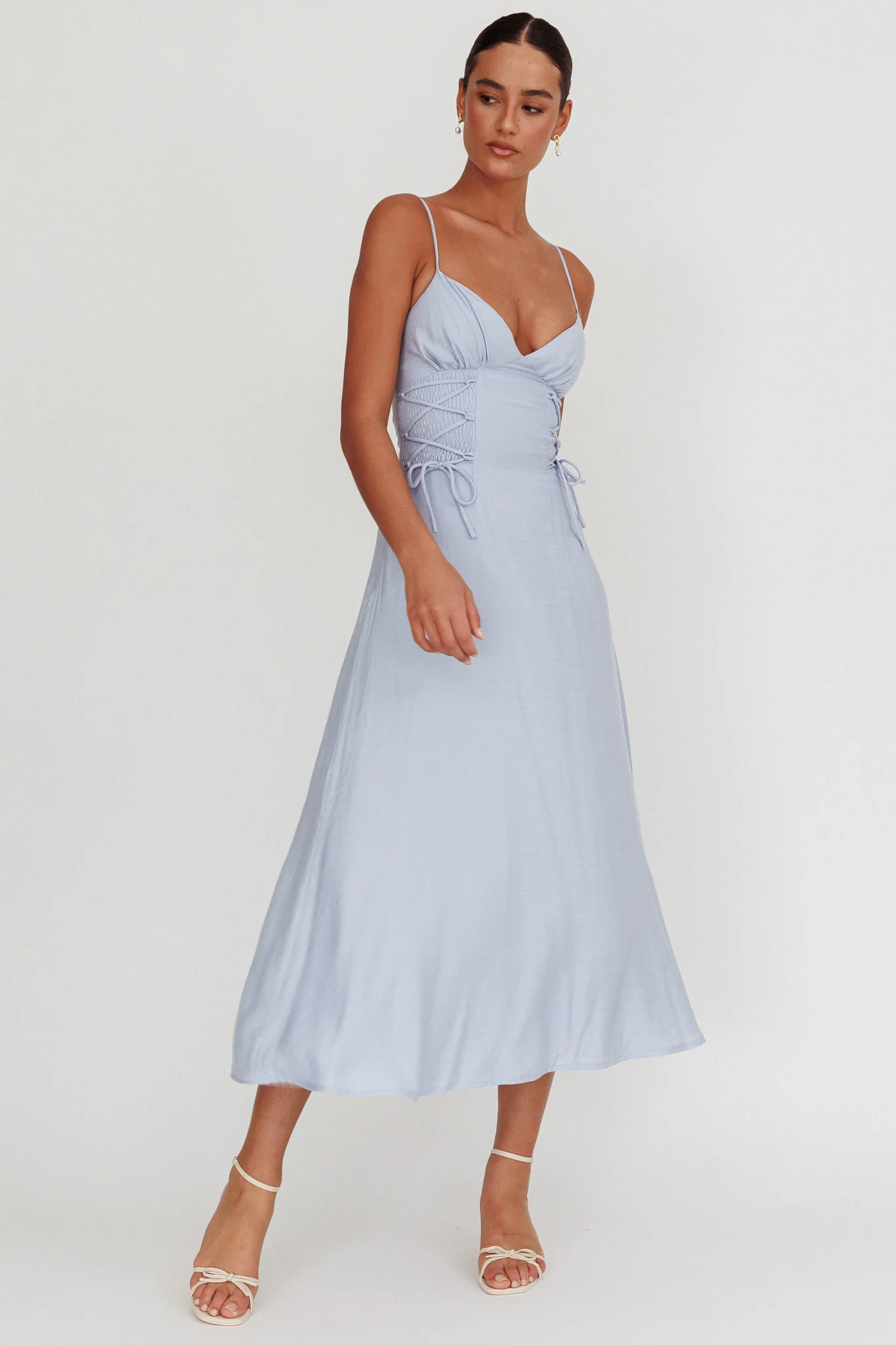 Kalaya Lace-Up Waist Midi Dress Light Blue - Sonourner