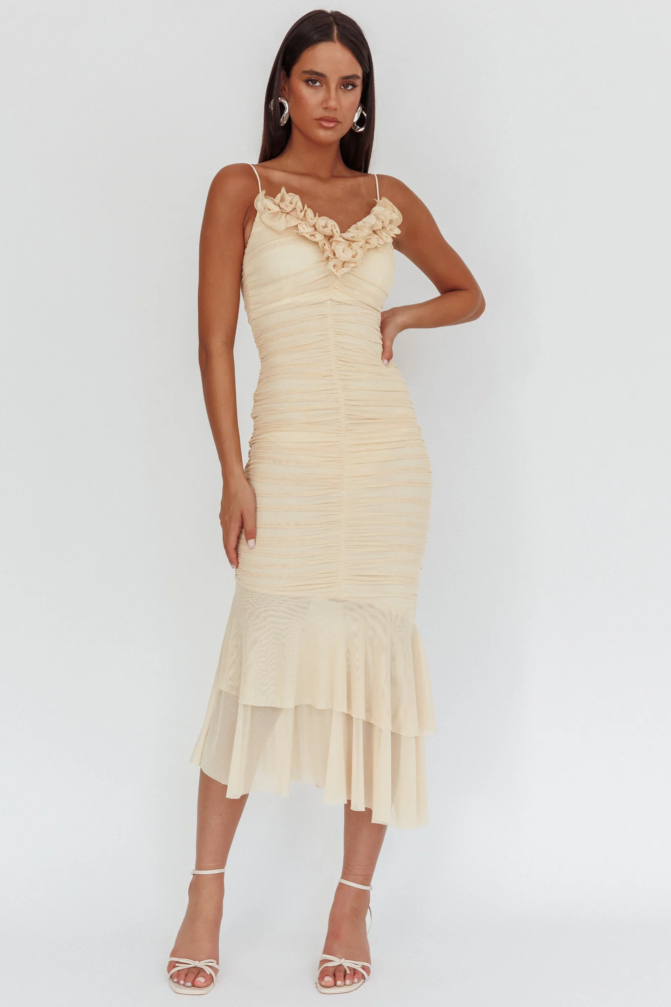 Nadia Ruffle Neckline Ruched Midi Dress Butter - Sonourner