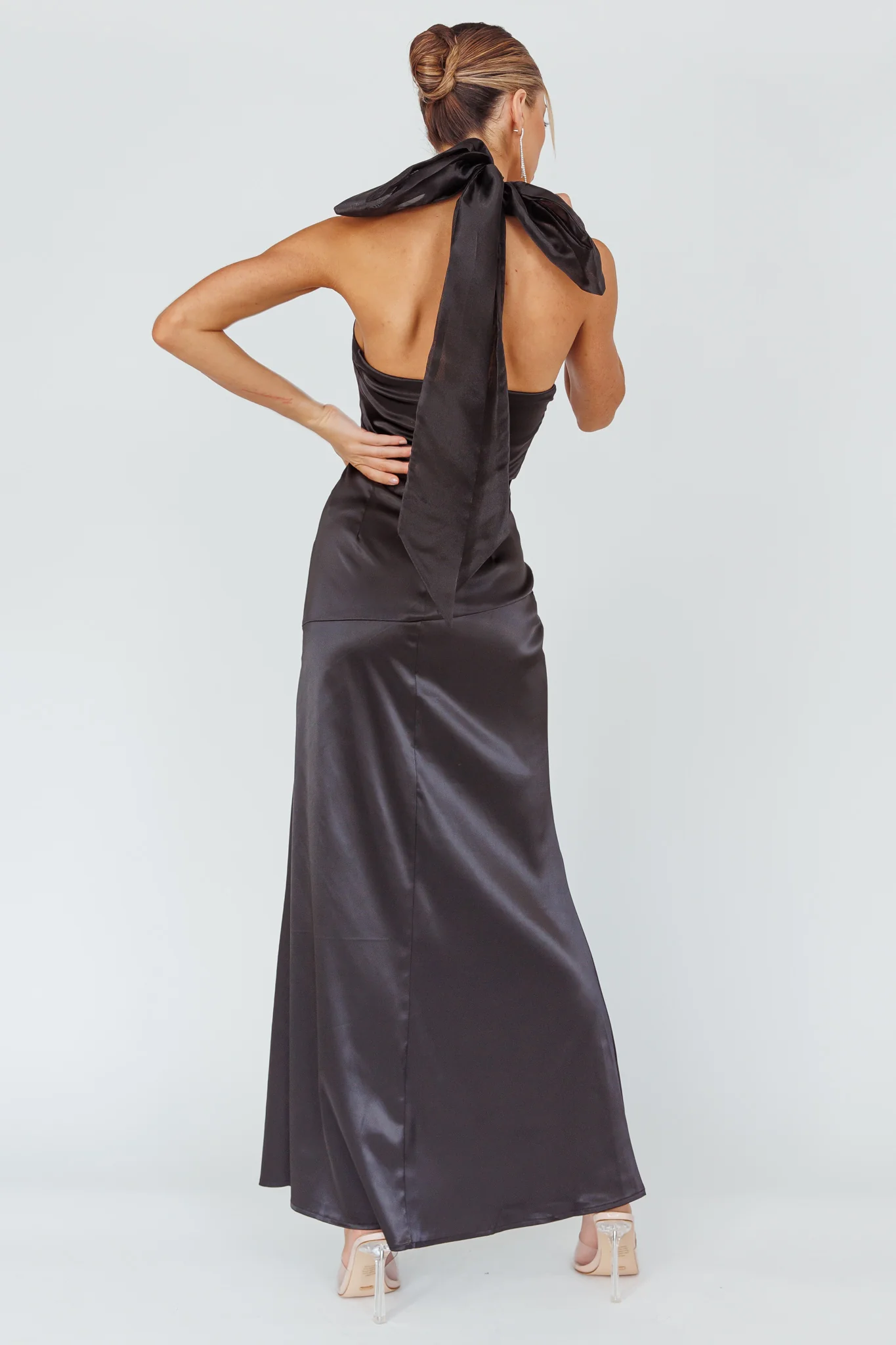 Andria Halterneck Bow Satin Maxi Dress Black - Sonourner