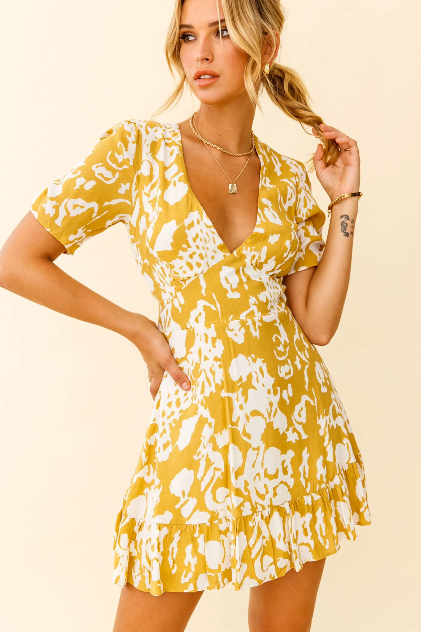Georgina Ruched Sleeve Tea Dress Stencil Print Mustard - Sonourner