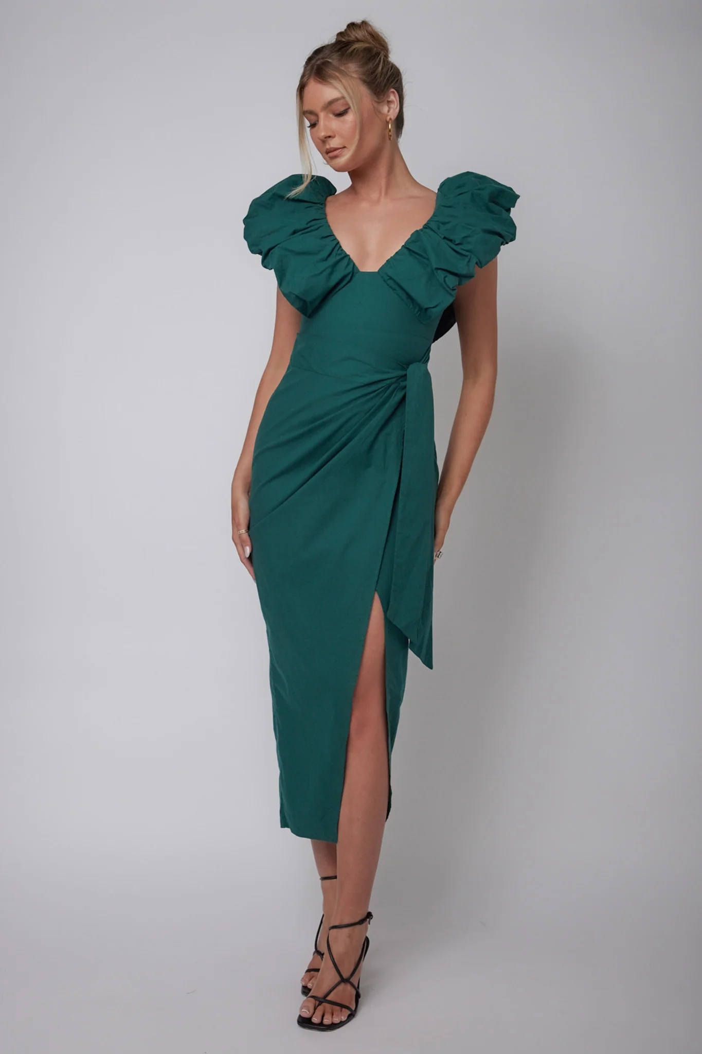 Kahlo Ruffle Neckline Wrap Midi Dress Green - Sonourner