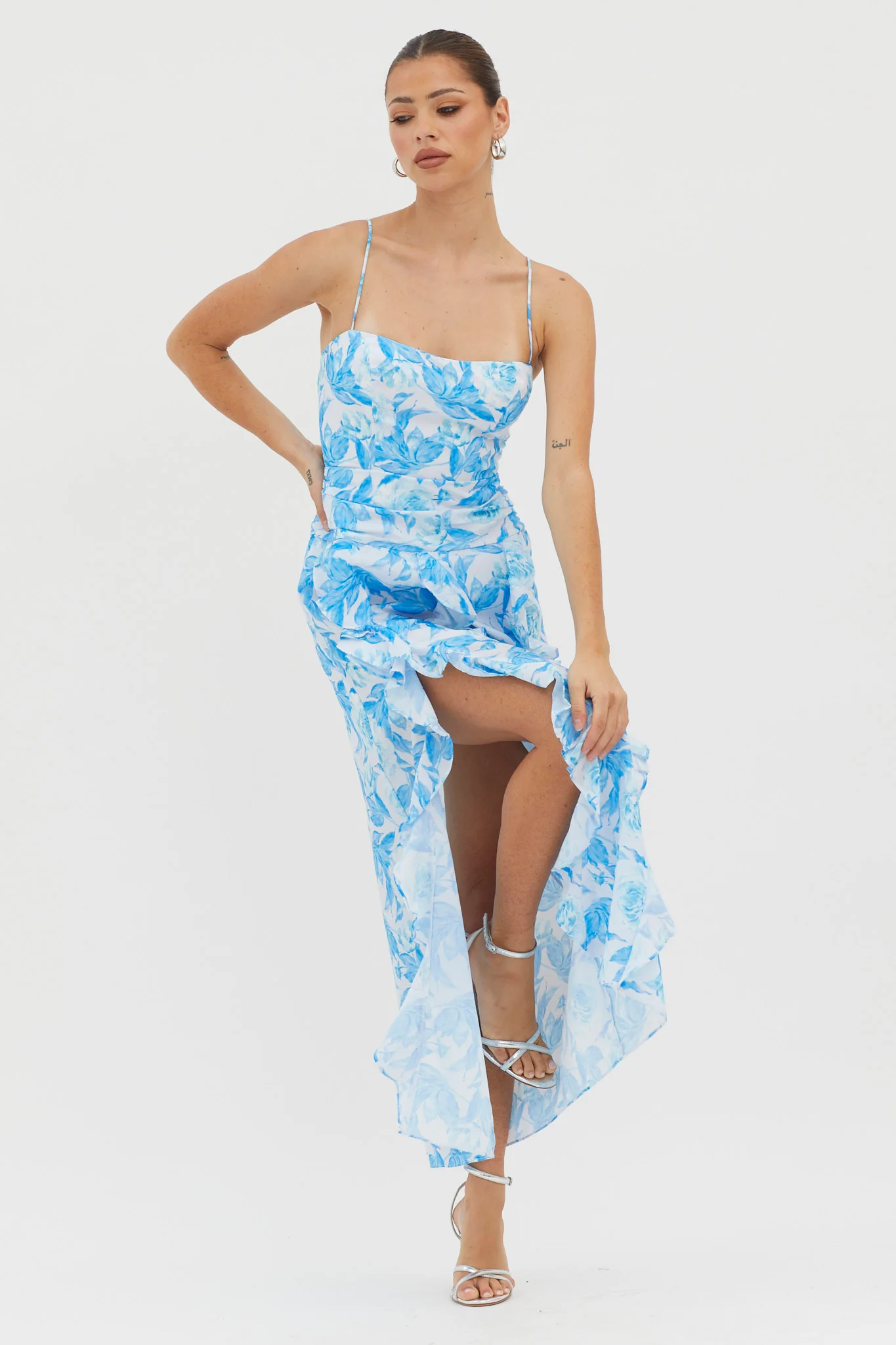 Serif Ruffle Trim Split Maxi Dress Blue - Sonourner