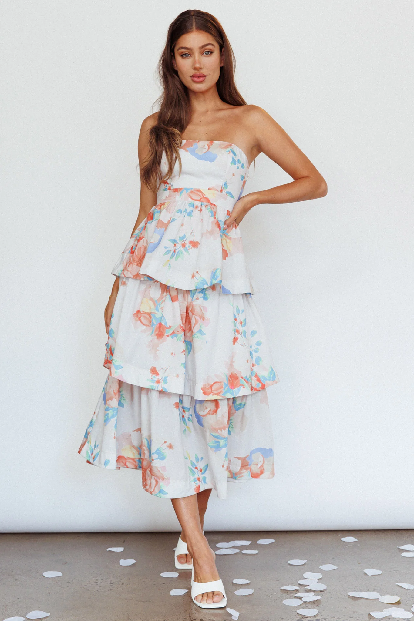 Outshine Strapless Tiered Midi Dress Floral Peach - Sonourner