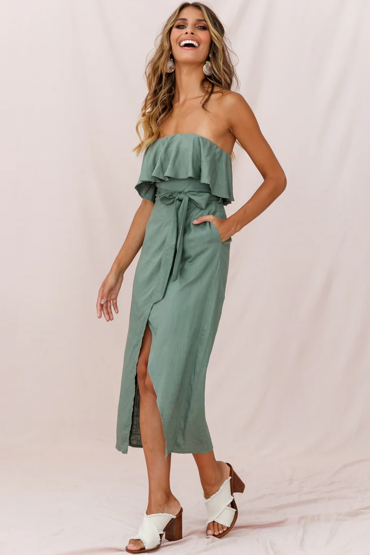 Hamilton Bandeau Ruffle Midi Dress Olive - Sonourner