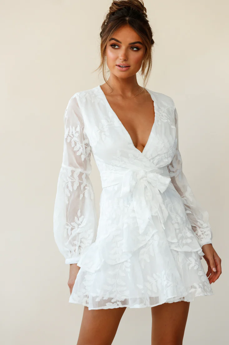 Kerry Layered Balloon Sleeve Dress Floral Embroidered White - Sonourner