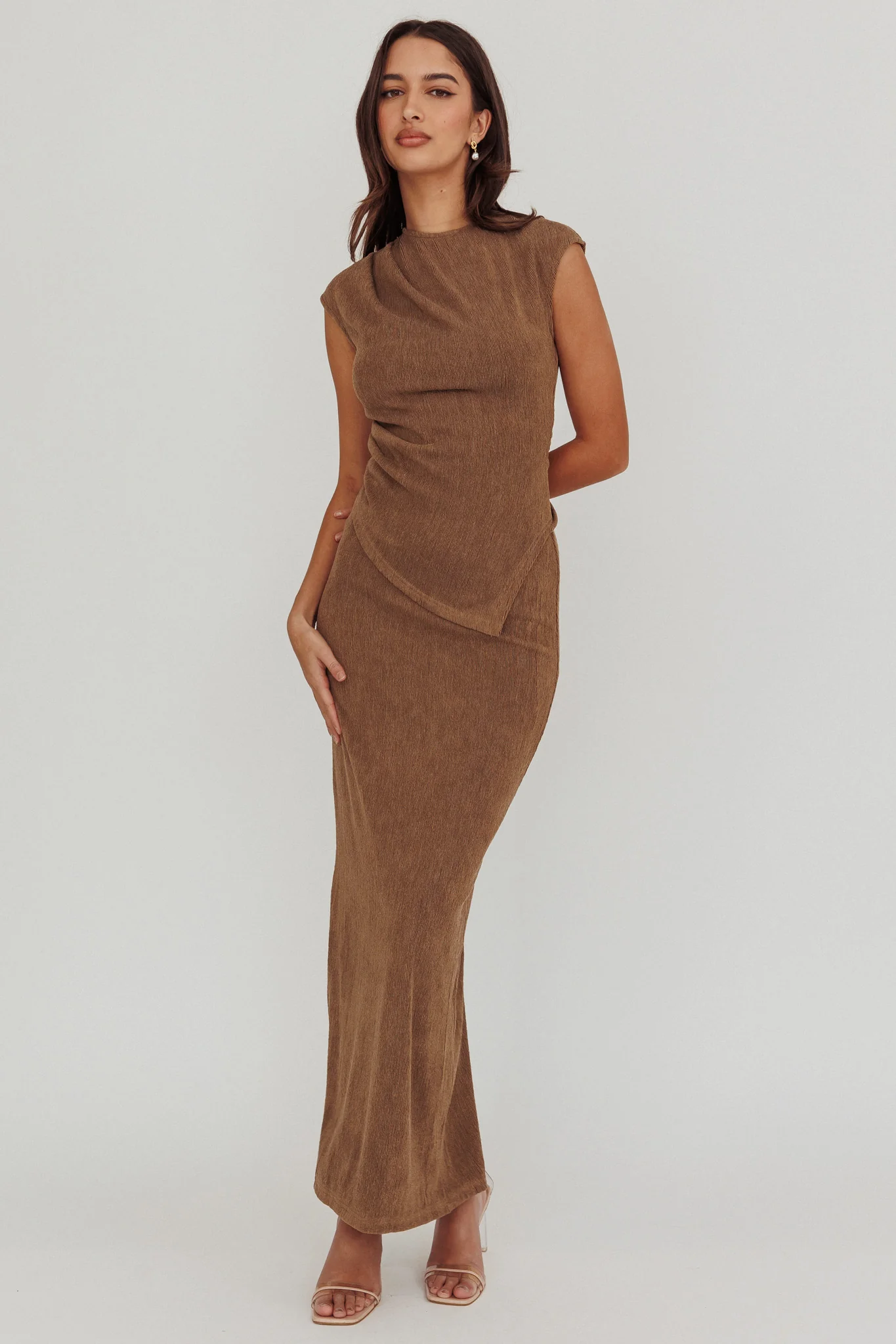 Calculated Ribbed Knit Maxi Skirt Brown - Sonourner