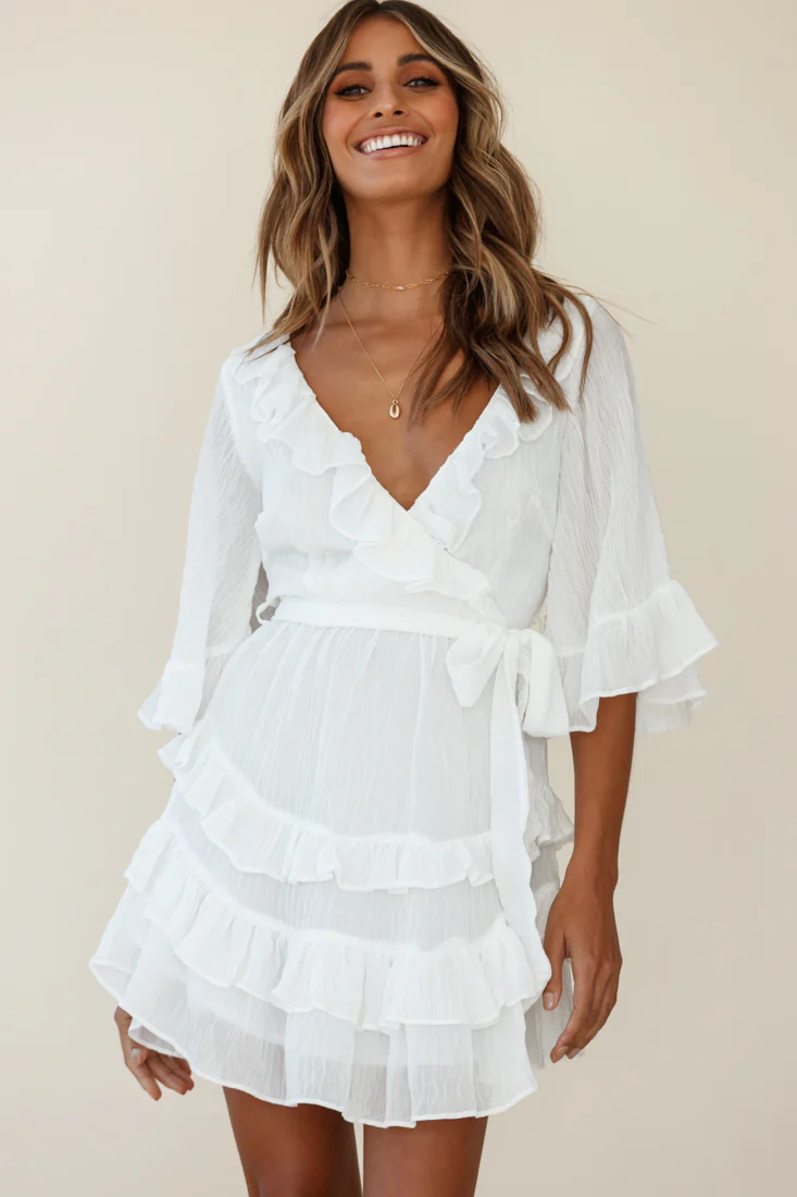 Time Will Tell Angel Sleeve Frill Detail Dress White - Sonourner