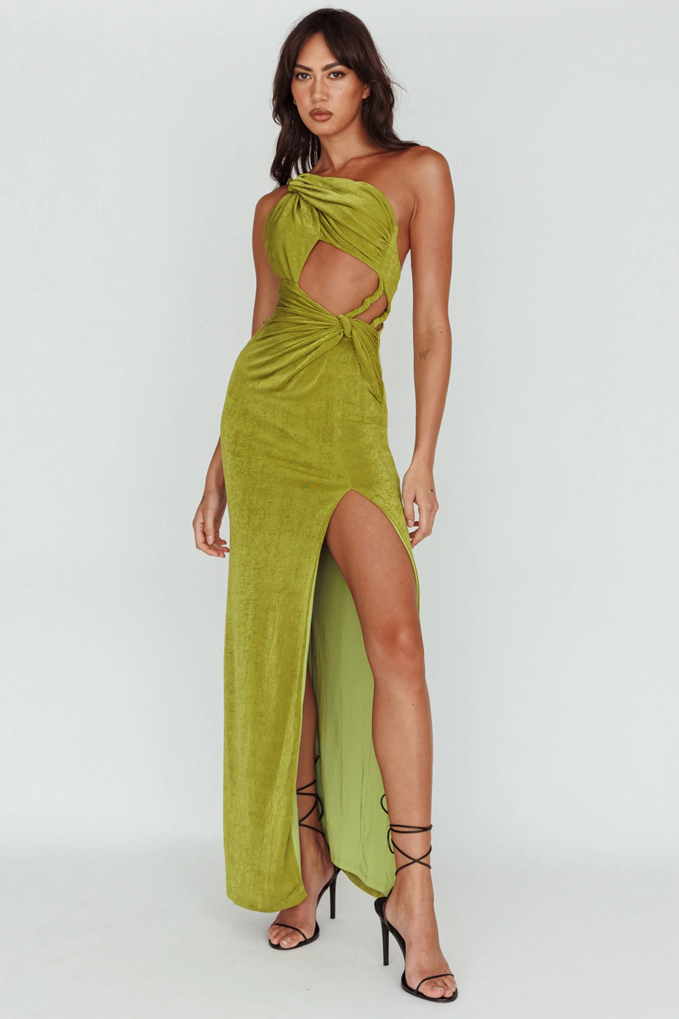Kiah Twist Accent Thigh Split Midi Dress Moss - Sonourner
