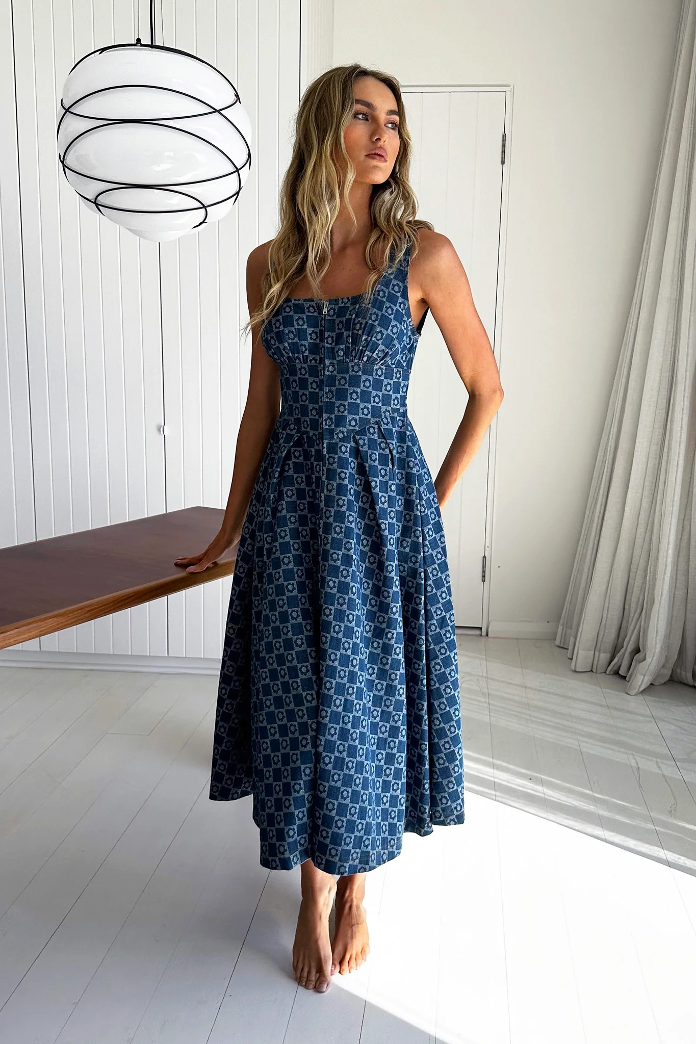 Hair Down Square Neck A-Line Midi Dress Floral Denim - Sonourner