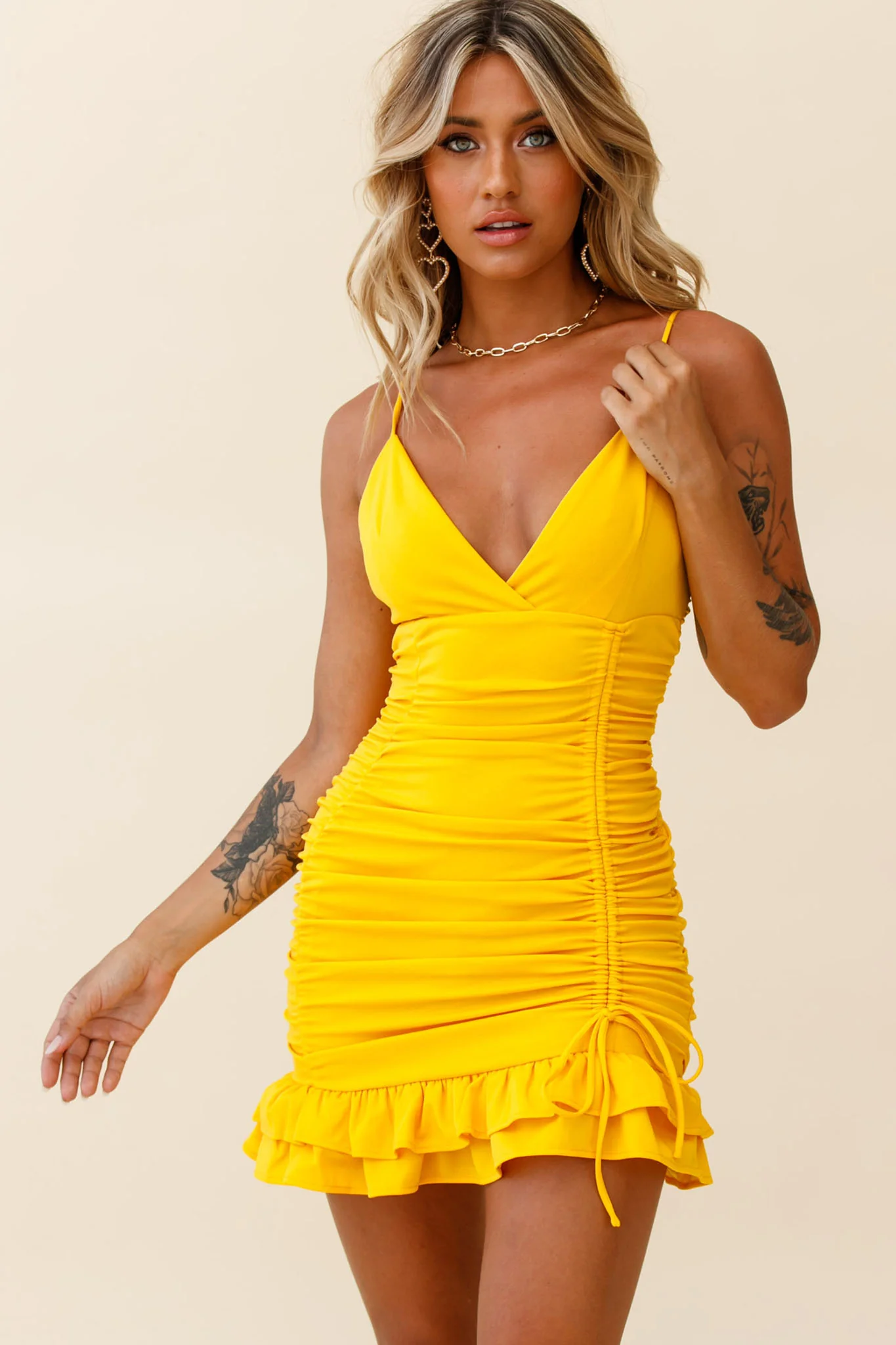 Earth Angel Drawstring Feature Ruched Party Dress Yellow - Sonourner
