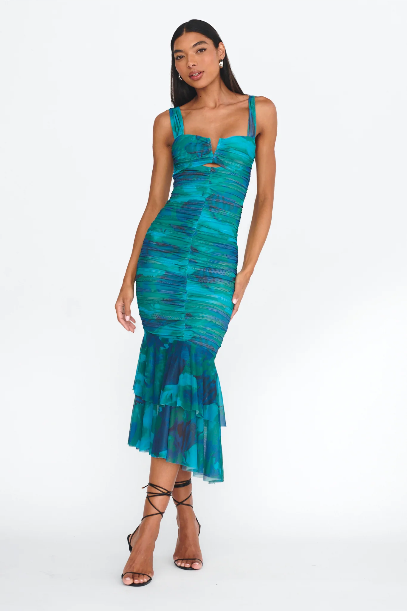 Nadia Ruched Fishtail Midi Dress Abstract Green - Sonourner