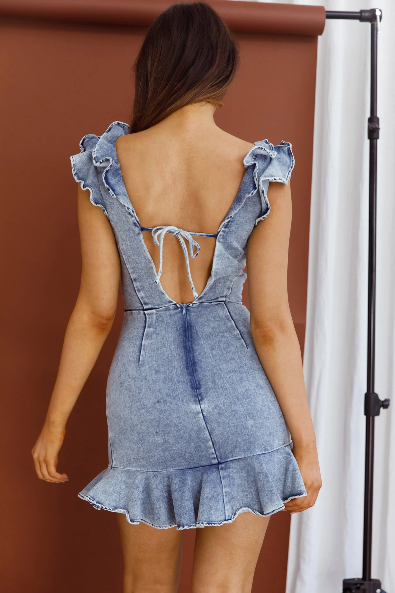 Jojo Ruffle Shoulder Low Back Dress Denim - Sonourner
