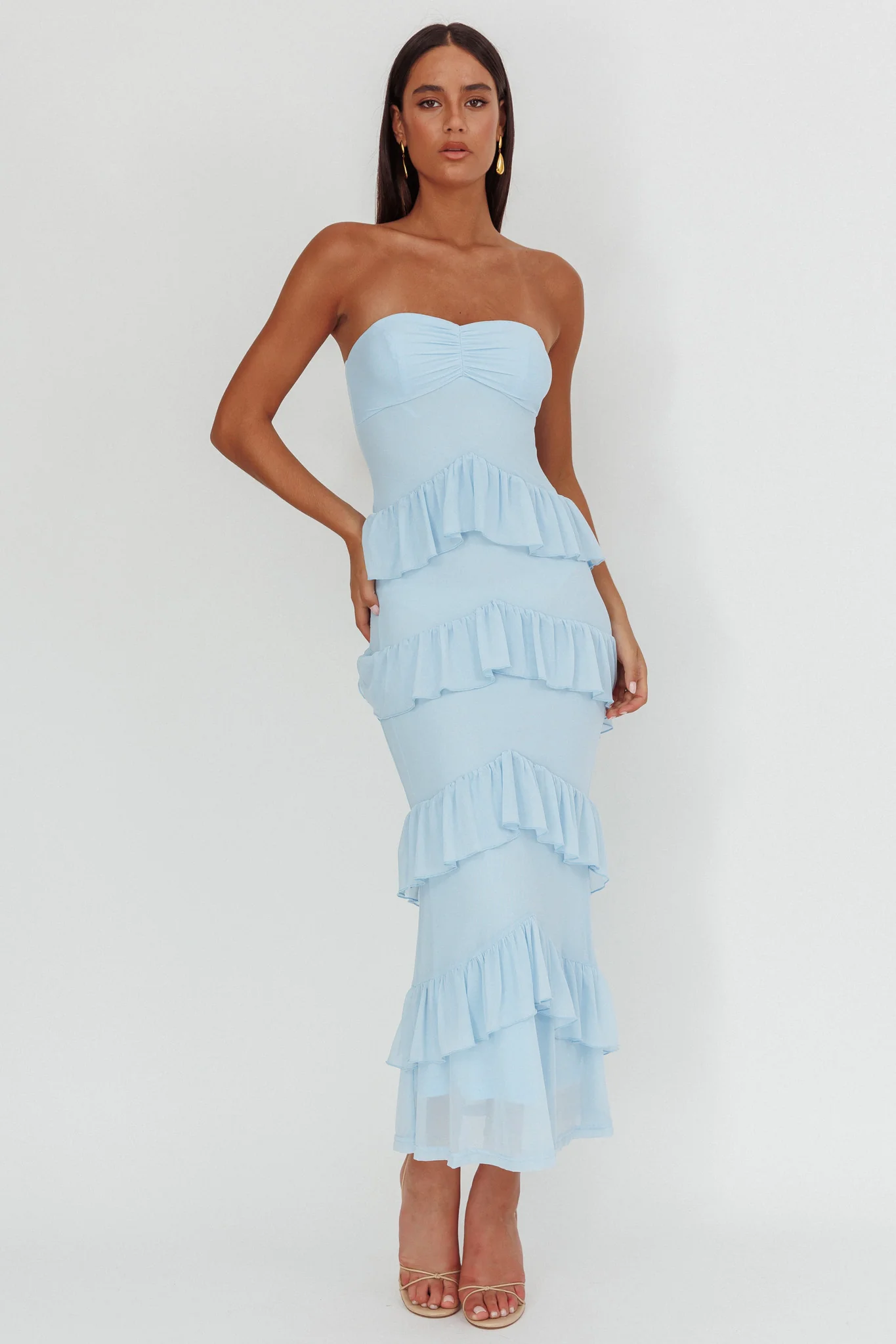 Dulce Dreams Sweetheart Neckline Frill Maxi Dress Blue - Sonourner