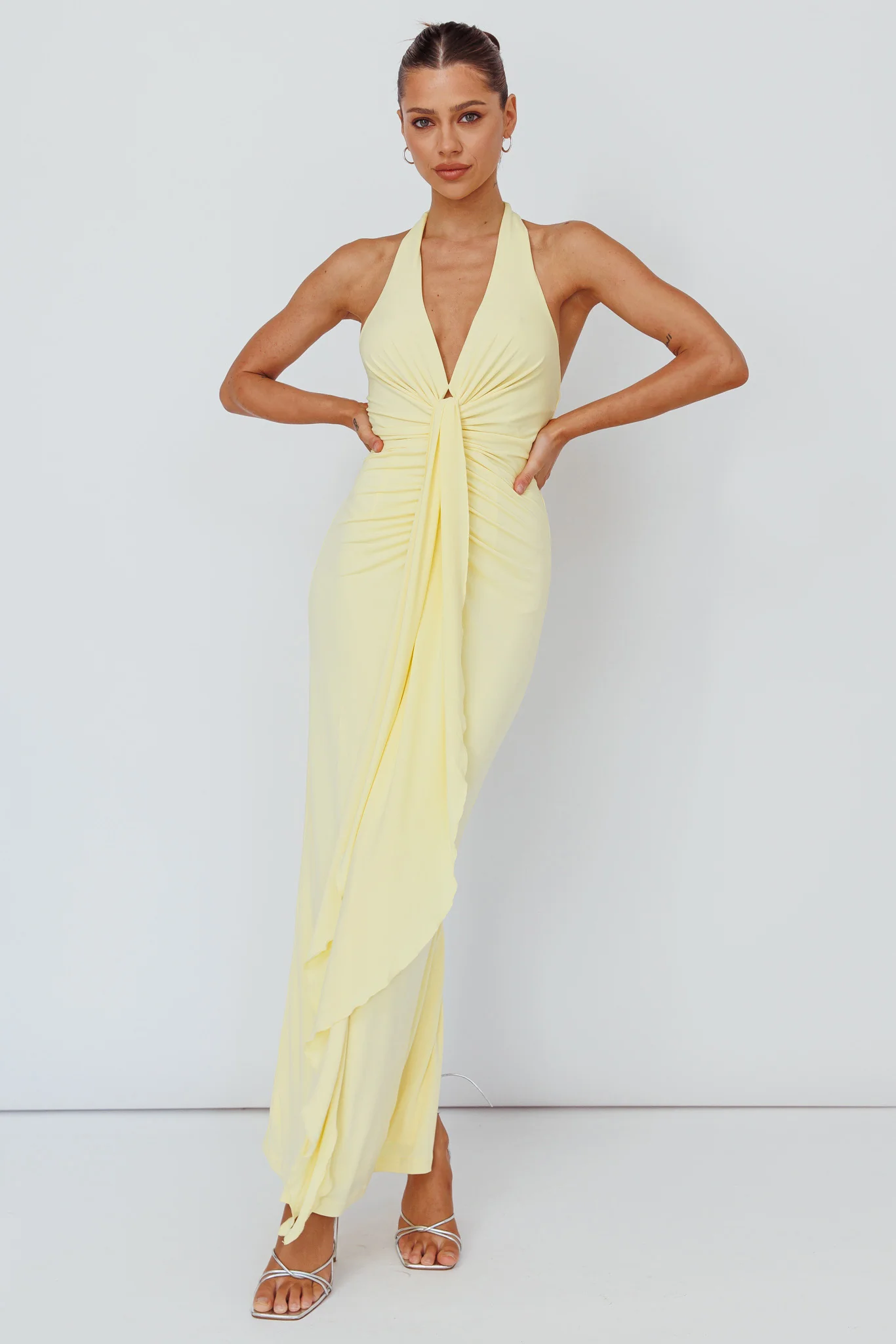 Ray Of Light Ruched Halterneck Maxi Dress Lemon - Sonourner