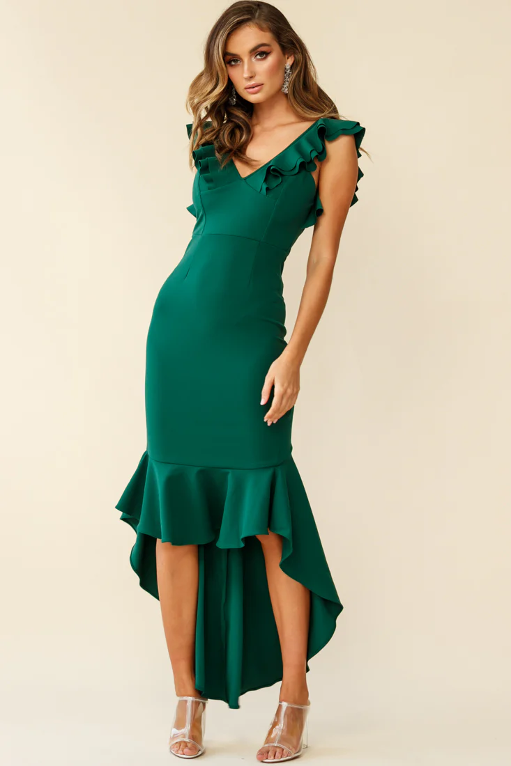 Pearl Ruffle Strap High-Low Hem Dress Forest Green - Sonourner