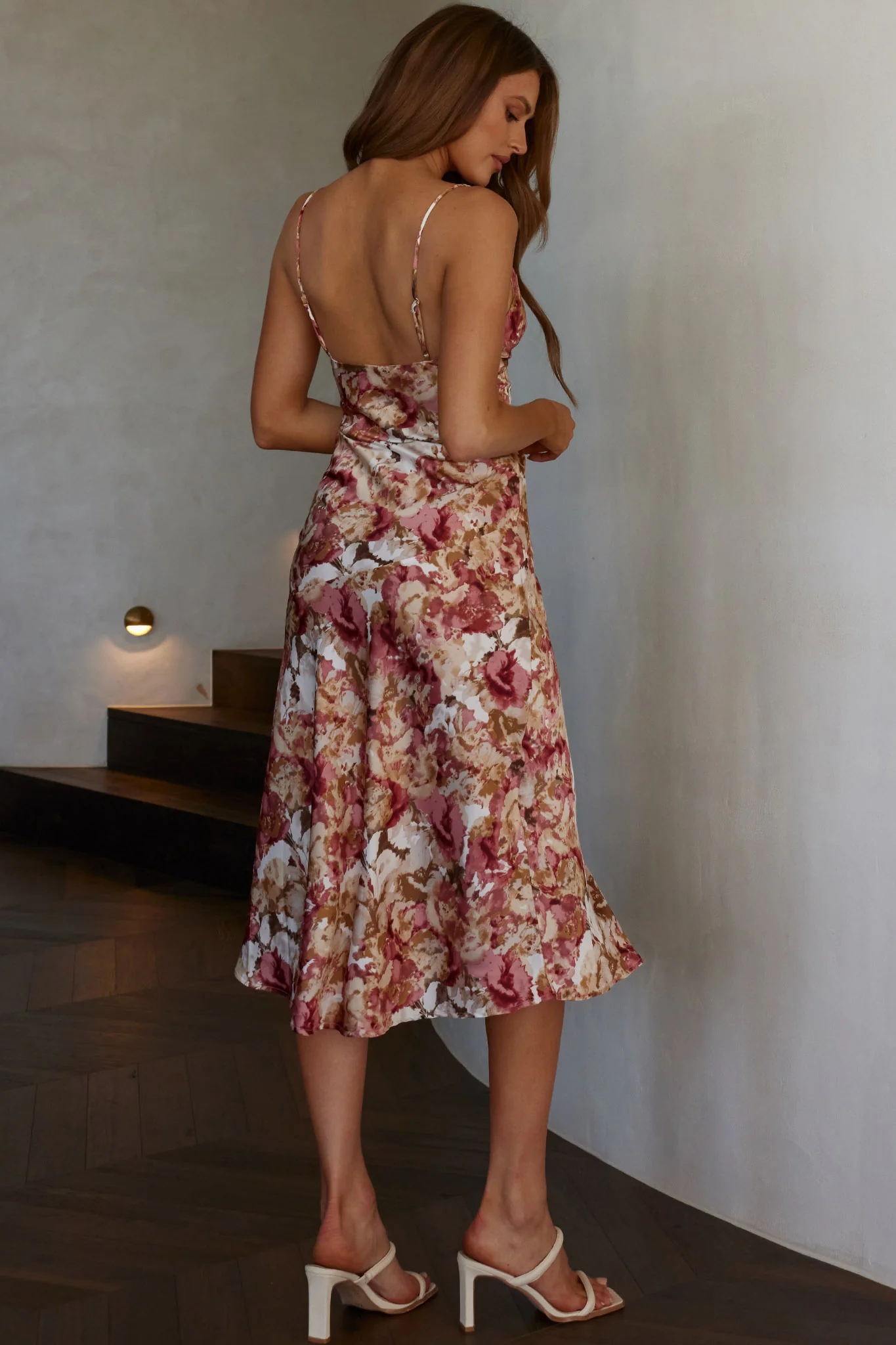 Downtown Cami Strap Front Split Midi Dress Abstract Rose - Sonourner