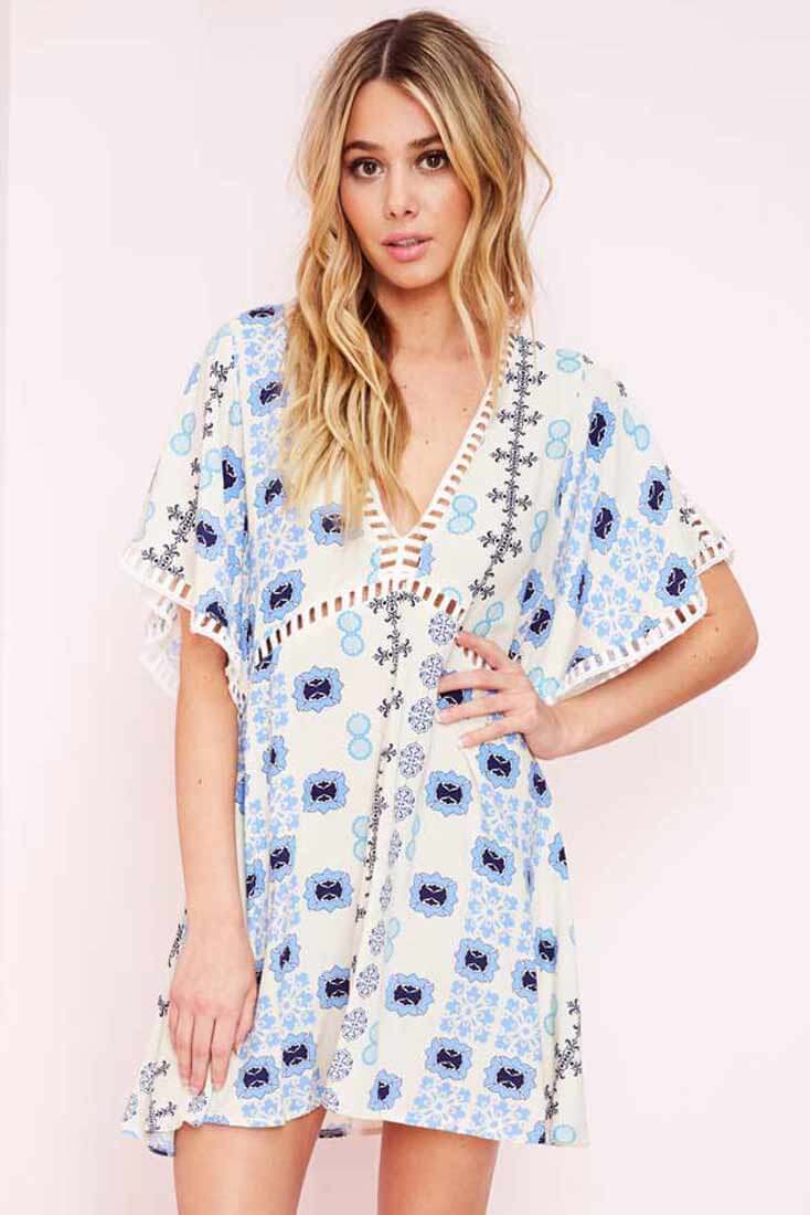 Yaritza Eyelit Mixed Print Dress Blue - Sonourner
