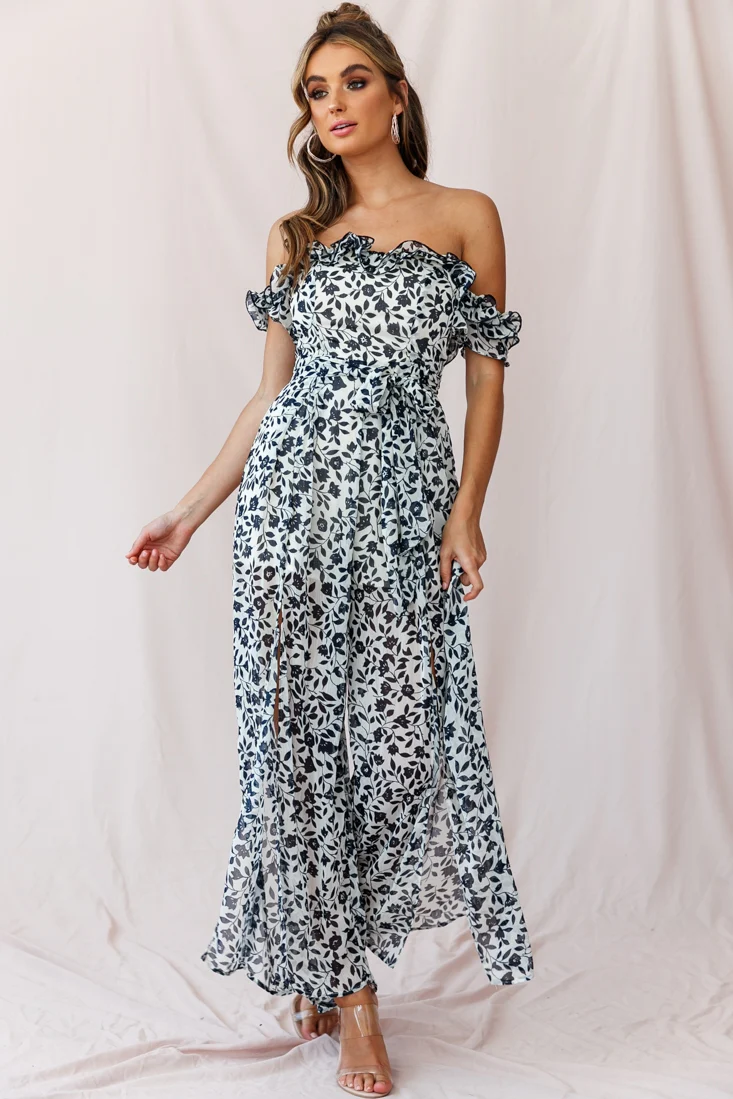 Jazz Bardot Neckline Wide Leg Split Jumpsuit Navy - Sonourner