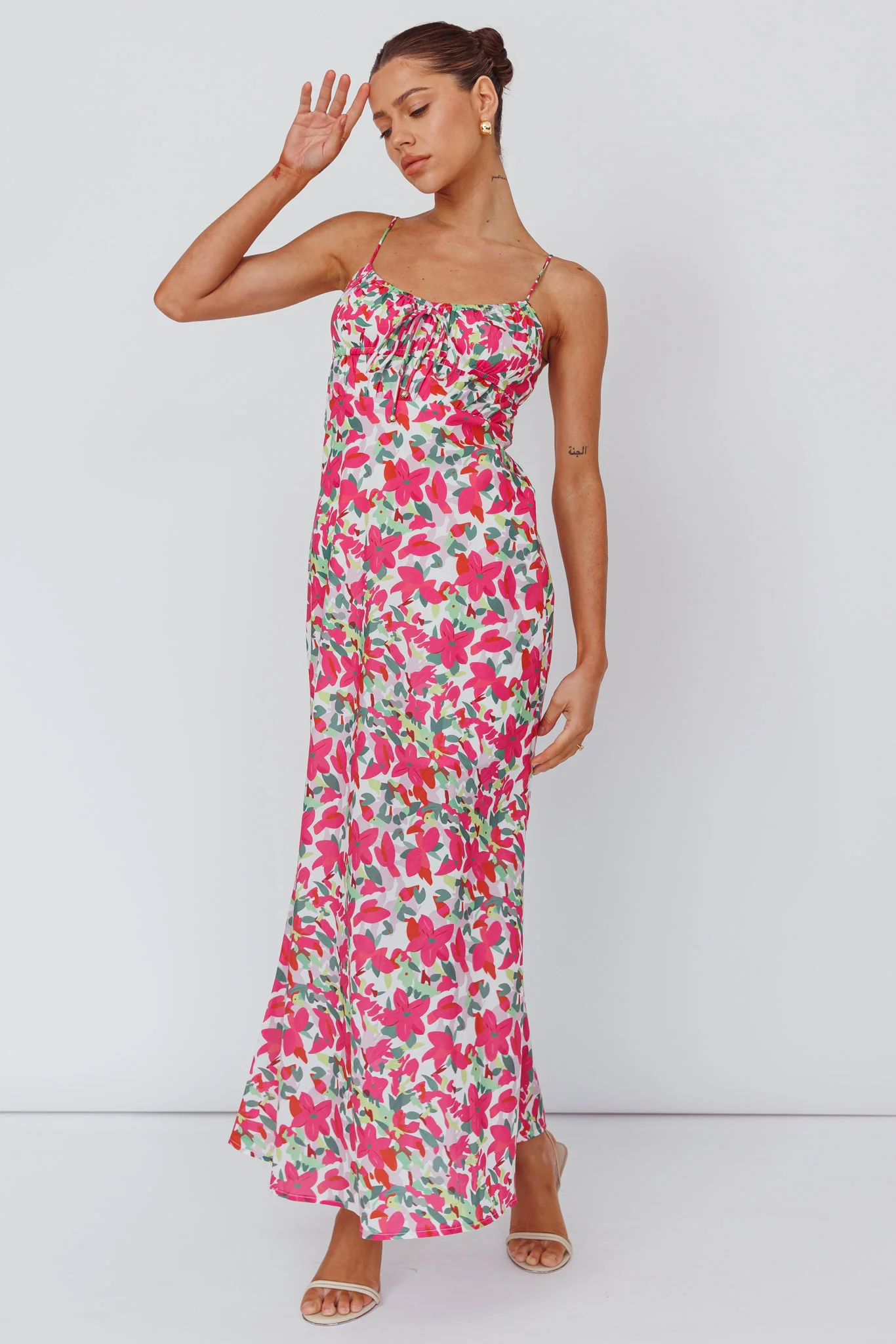 Solstice Noon Tied Bust Midi Dress Print Pink - Sonourner