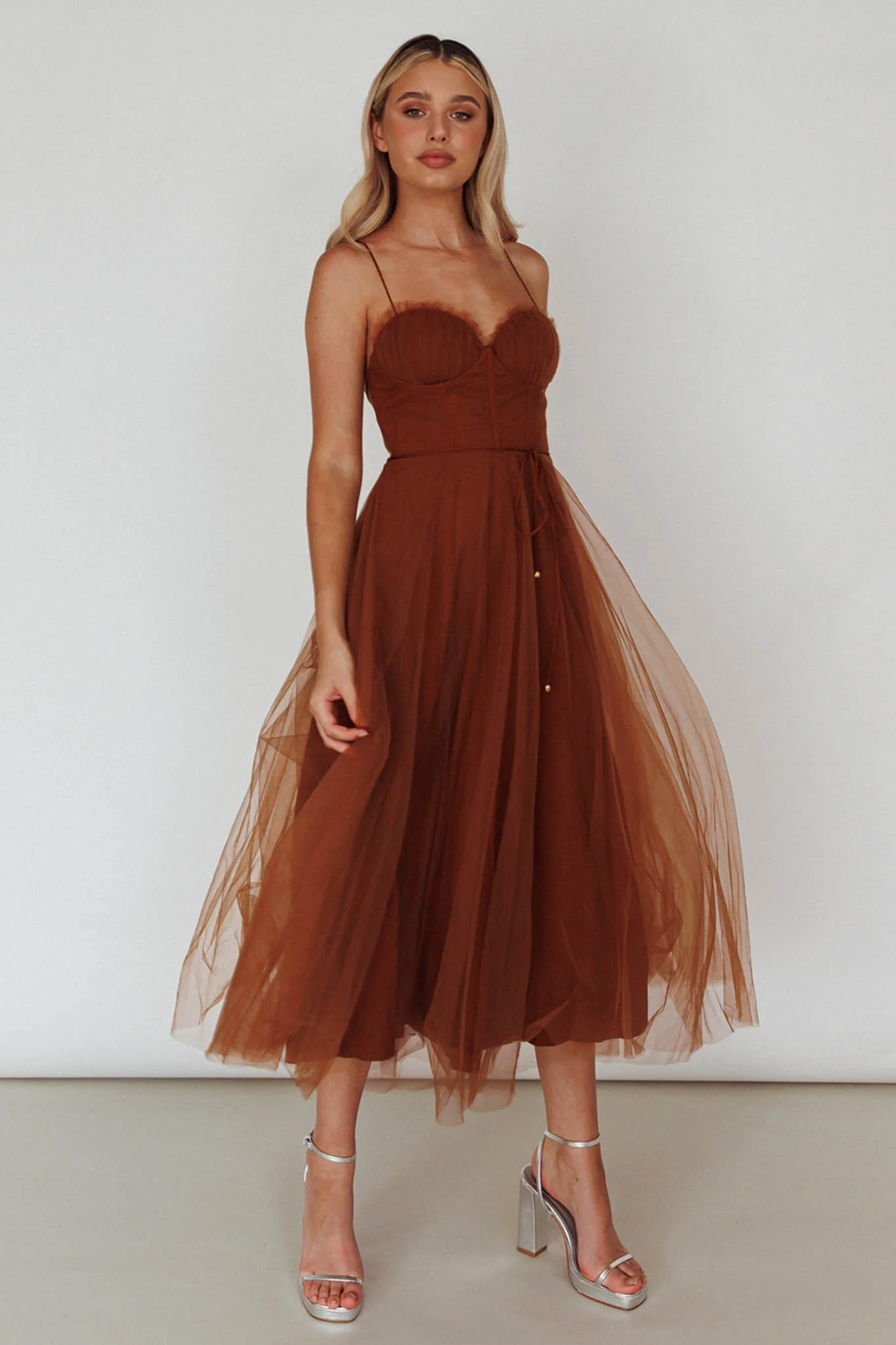 Smitten Sweetheart Neckline Chiffon Midi Dress Chocolate - Sonourner