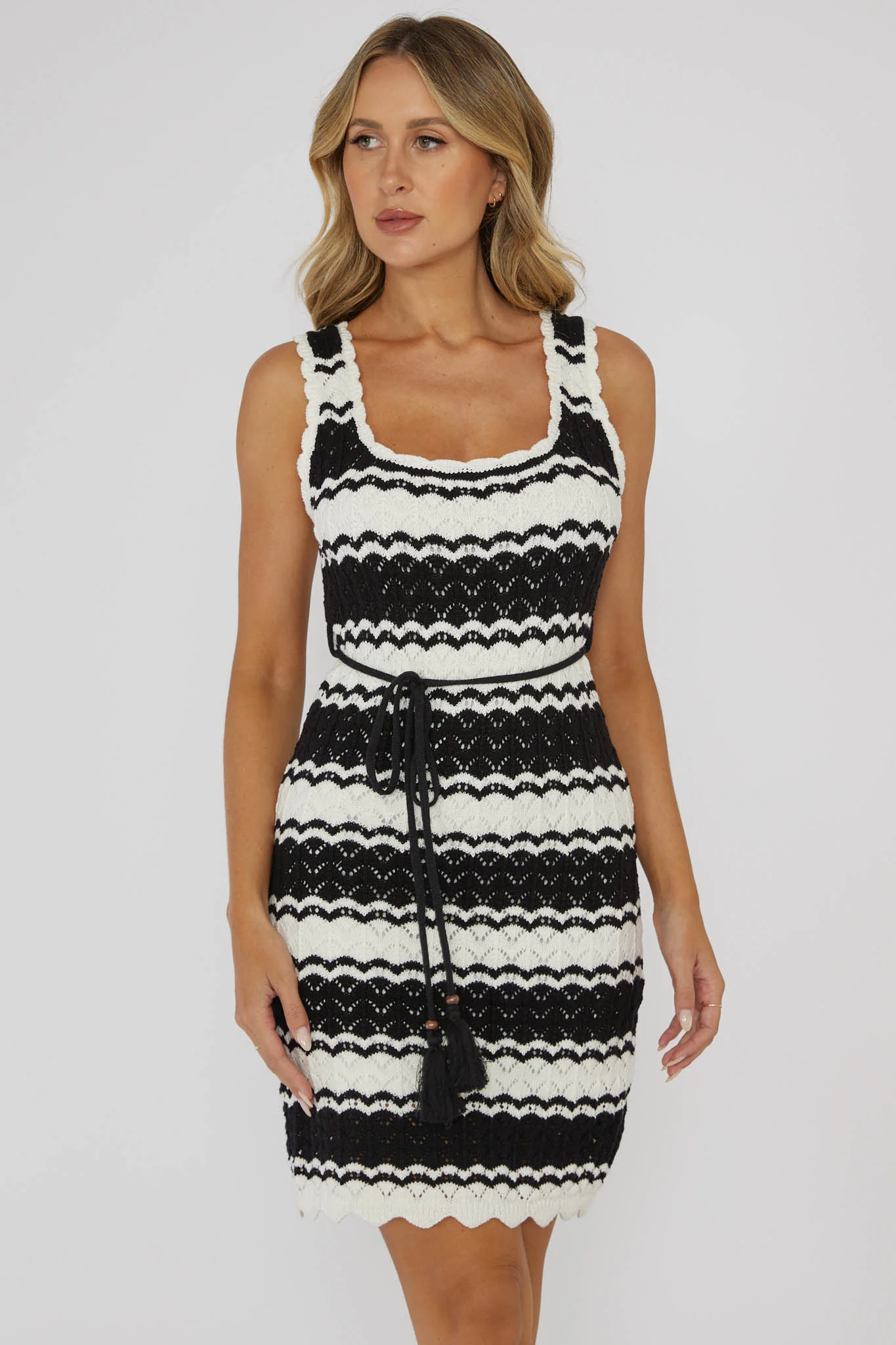Wander Lust Crochet Mini Dress Striped Black - Sonourner