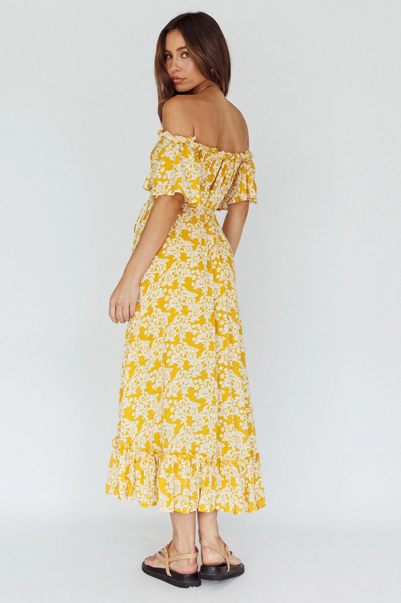 Voyager Off-Shoulder Bell Sleeve Midi Dress Floral Yellow - Sonourner