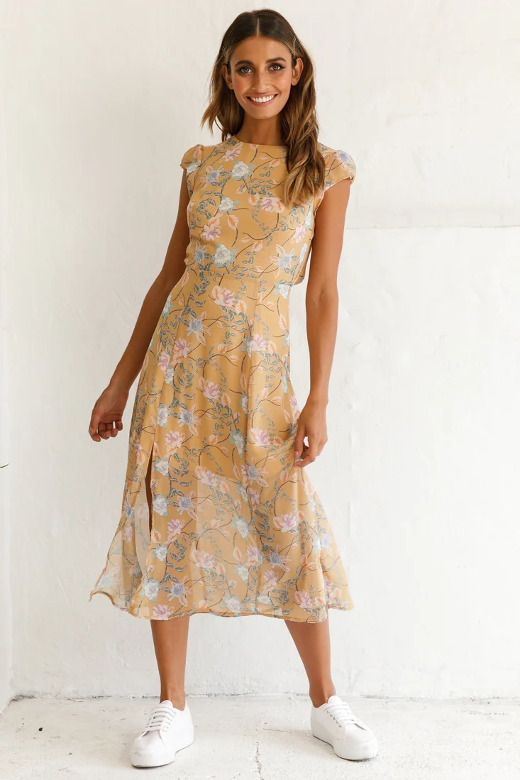 Becky Cap Sleeve Crew Neck Midi Dress Floral Print Mustard - Sonourner