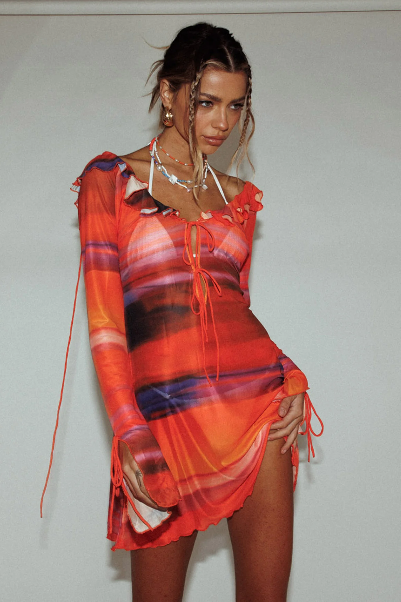 Bohemia Tied Bust Long Sleeve Dress Orange - Sonourner