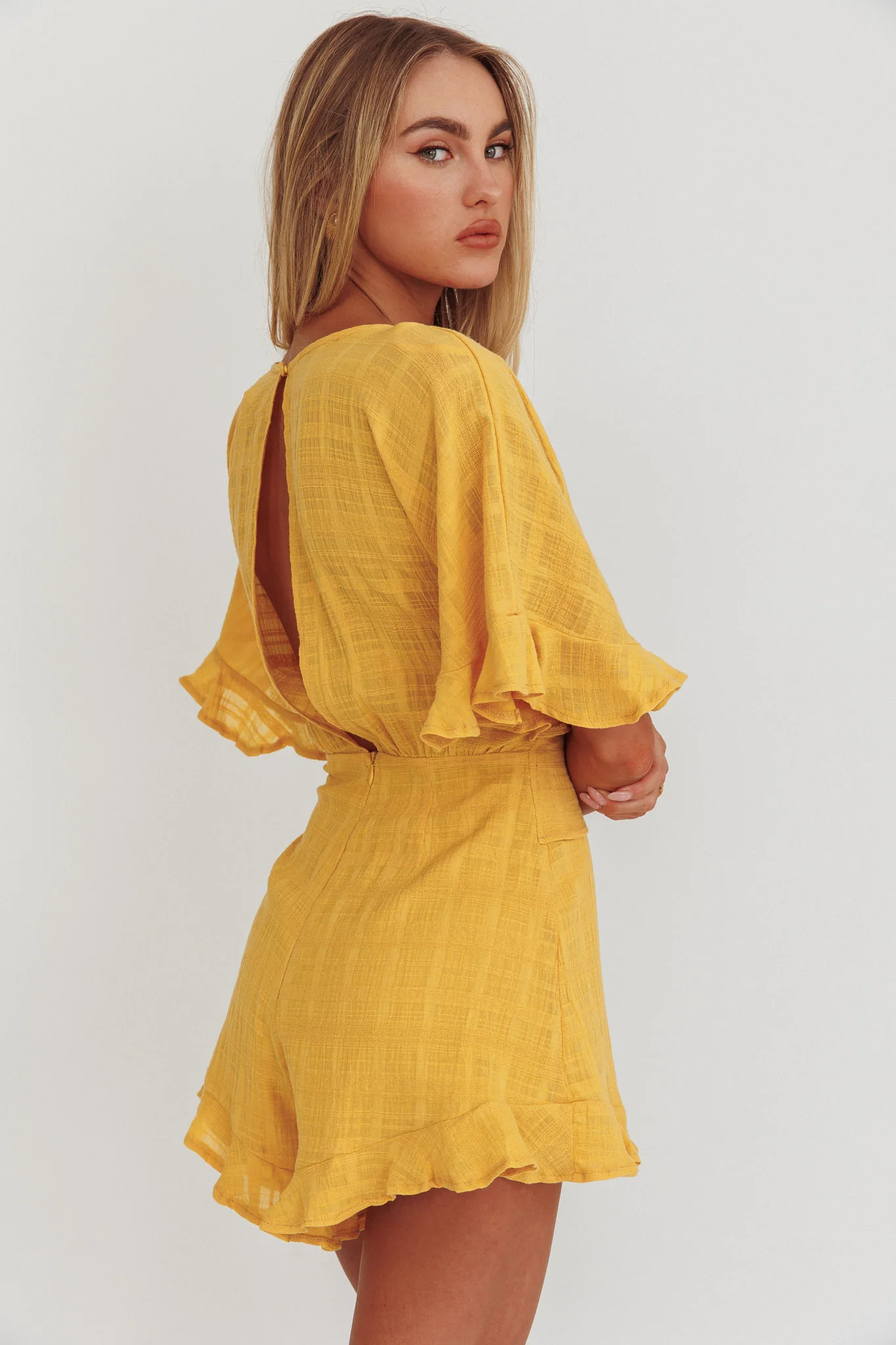 Karin Frill Trim Waist Tie Romper Mustard - Sonourner