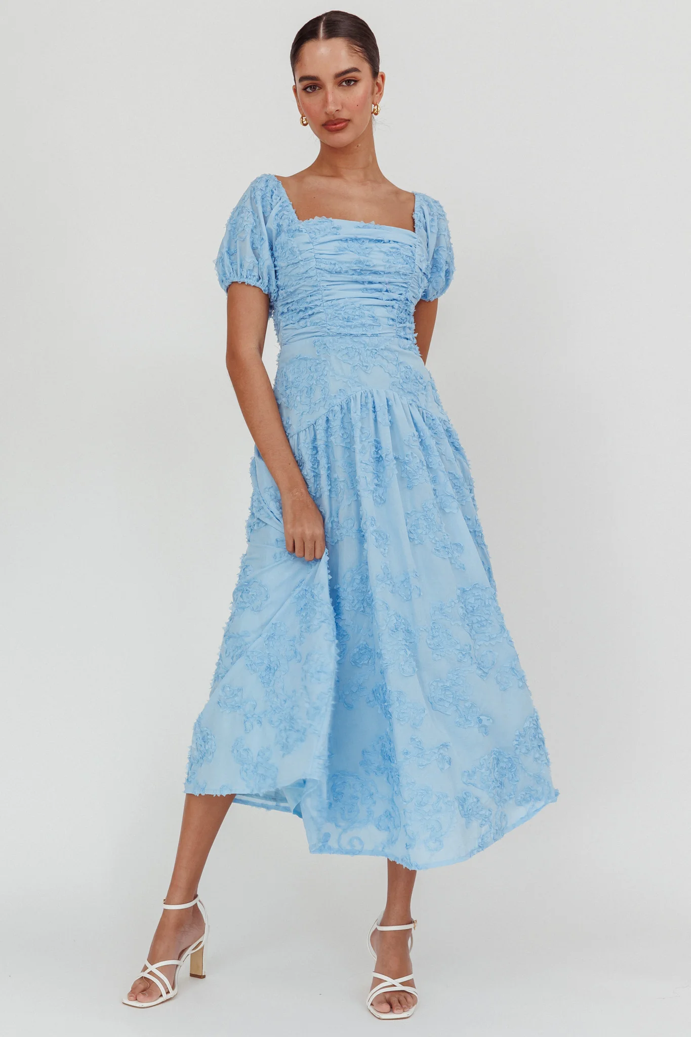 Telma Puff Sleeves Midi Dress Blue - Sonourner