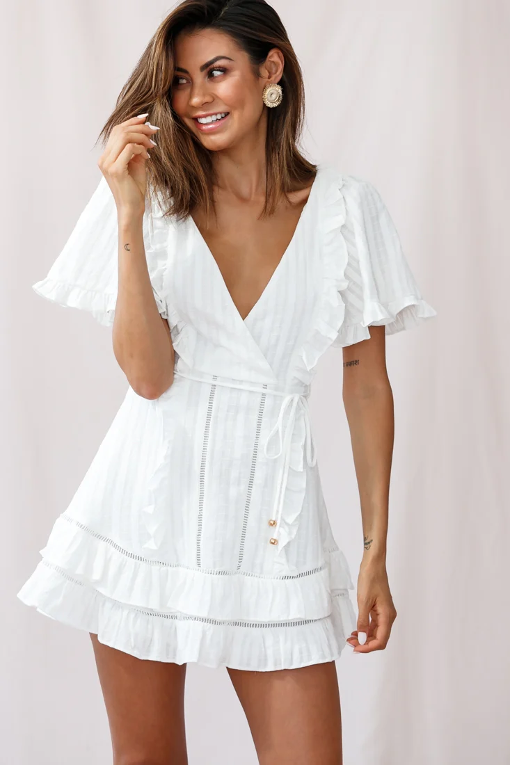 Marybelle Angel Sleeve A-Line Ruffle Dress White - Sonourner