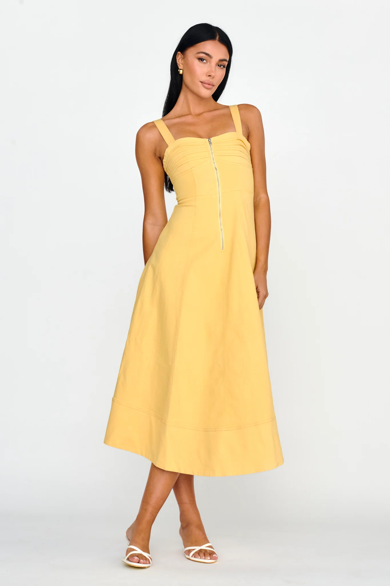 Emilio Pleated Bust A-Line Midi Dress Yellow - Sonourner