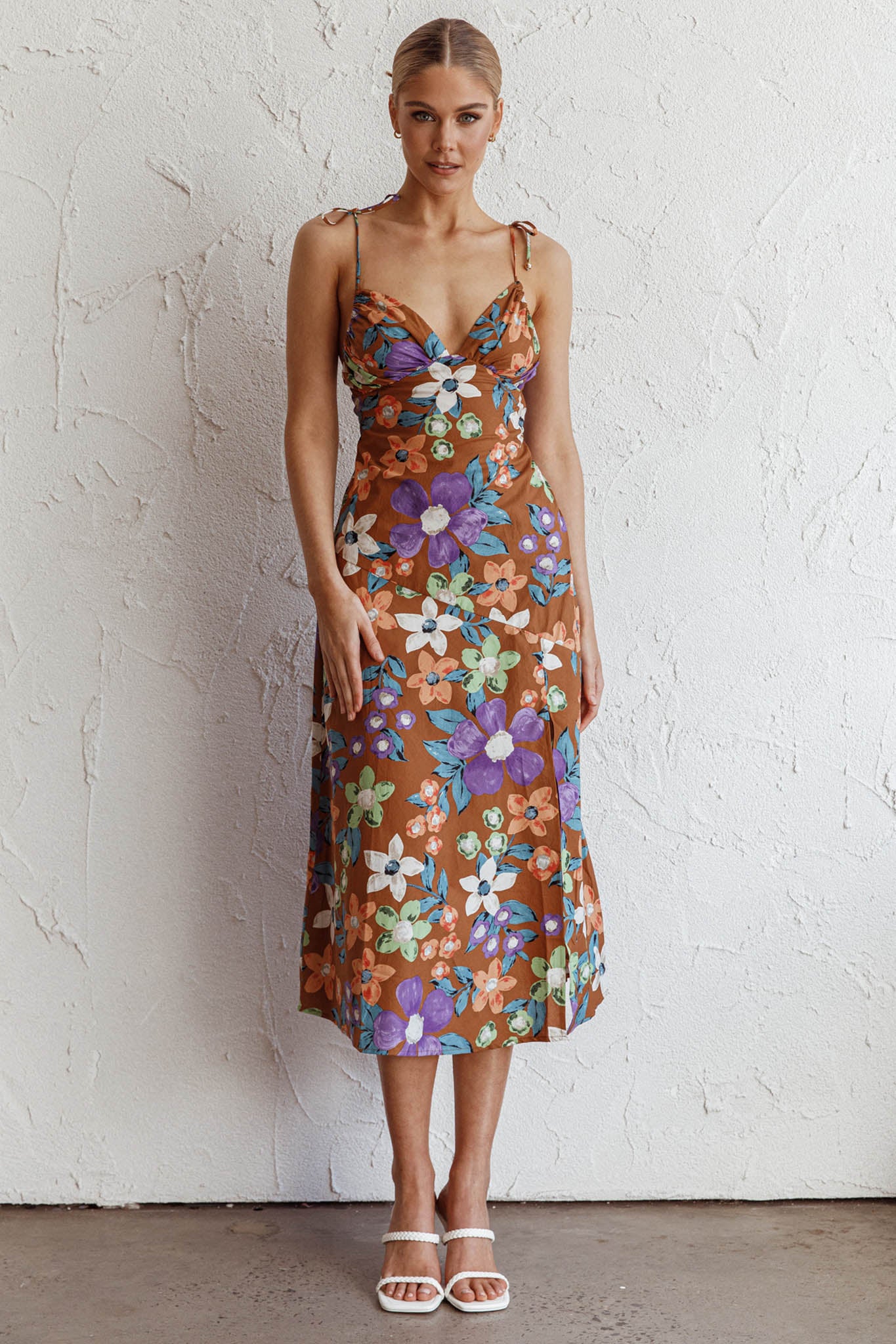 Clovelly Tied Shoulder Midi Dress Flower Terracotta - Sonourner